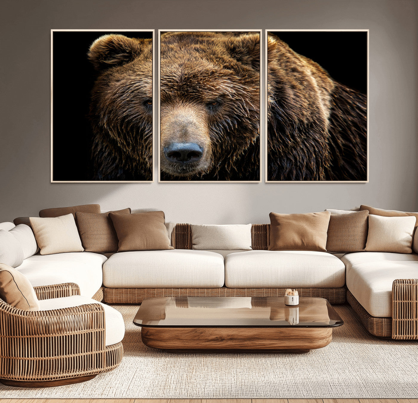 MGV-FC-60X30-3P - Grizzly Brown Bear Canvas Wall Art, Wildlife Animal Canvas Artwork Bear Print, Bear Wall Art Print,