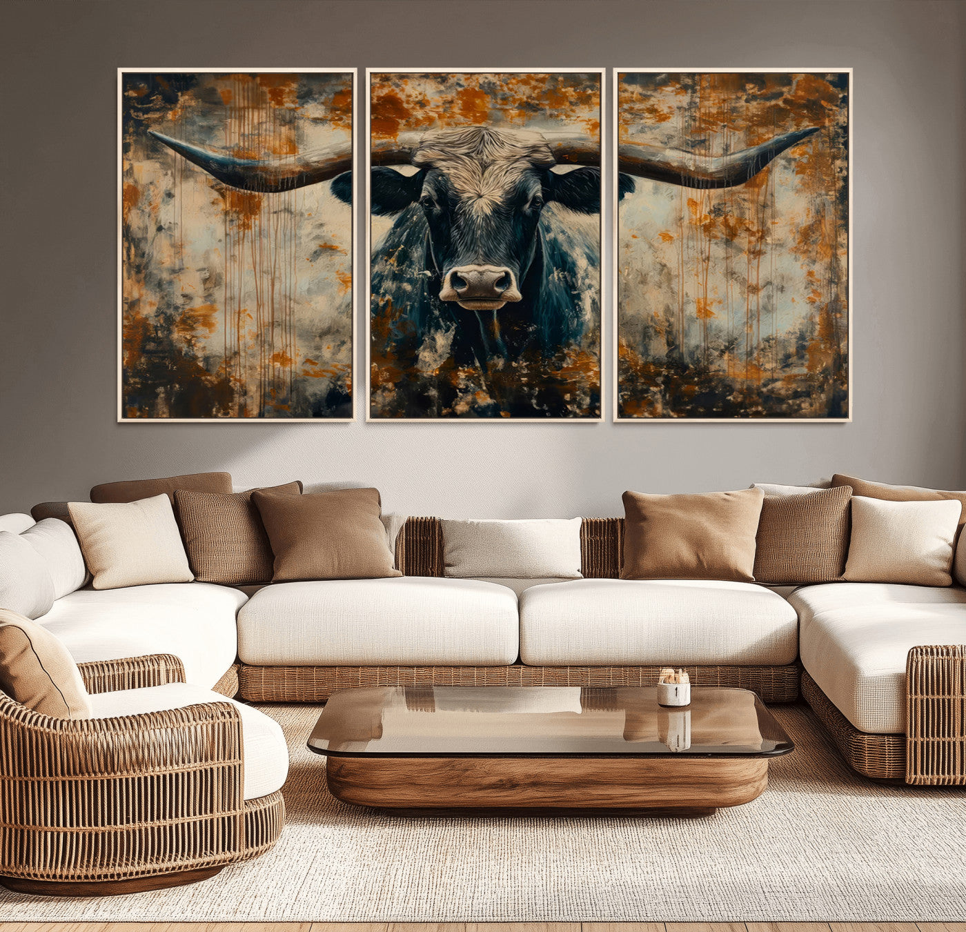 MGV-FC-60X30-3P - Abstract Longhorn Bull Wall Art | Rustic Western Wall Decor | Framed and Ready to Hang | Ideal for