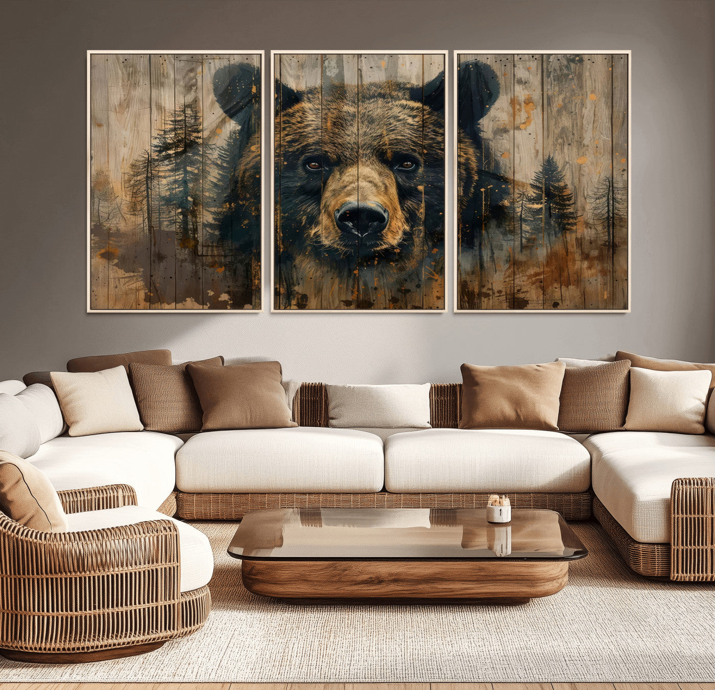 MGV-FC-60X30-3P - Abstract 399 Bear Wall Art | Rustic Cabin Wall Decor with Forest Design | Framed and Ready to Hang |