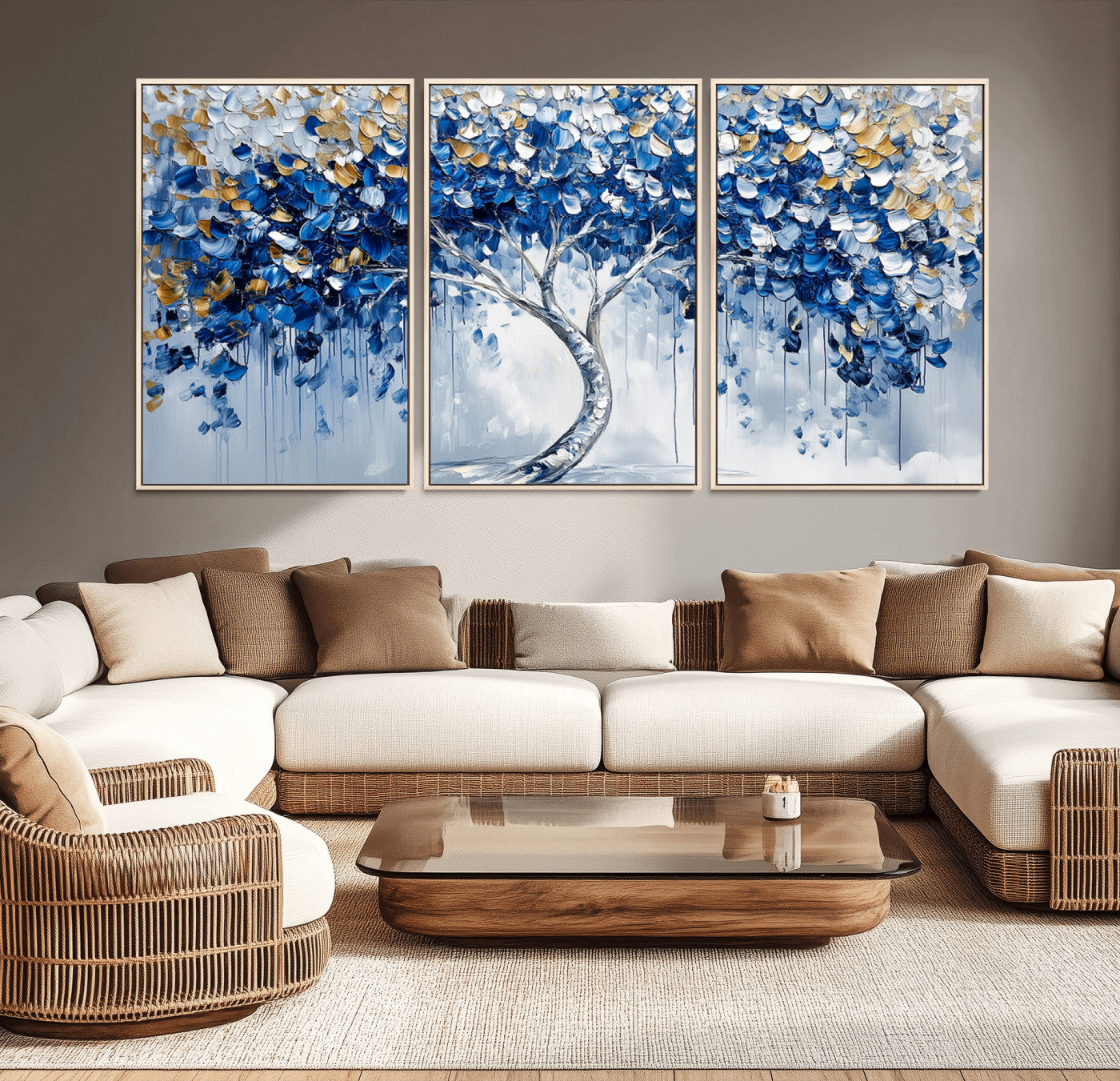 MGV-FC-60X30-3P - Blue and Gold Abstract Tree Wall Art Canvas Print | Modern Tree of Life Painting | Framed Canvas