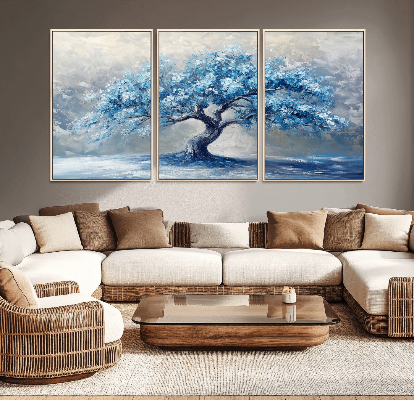 MGV-FC-60X30-3P - Abstract Blue Tree Art Canvas Print, Majestic Tree Wall Art Print for Farmhouse Decor