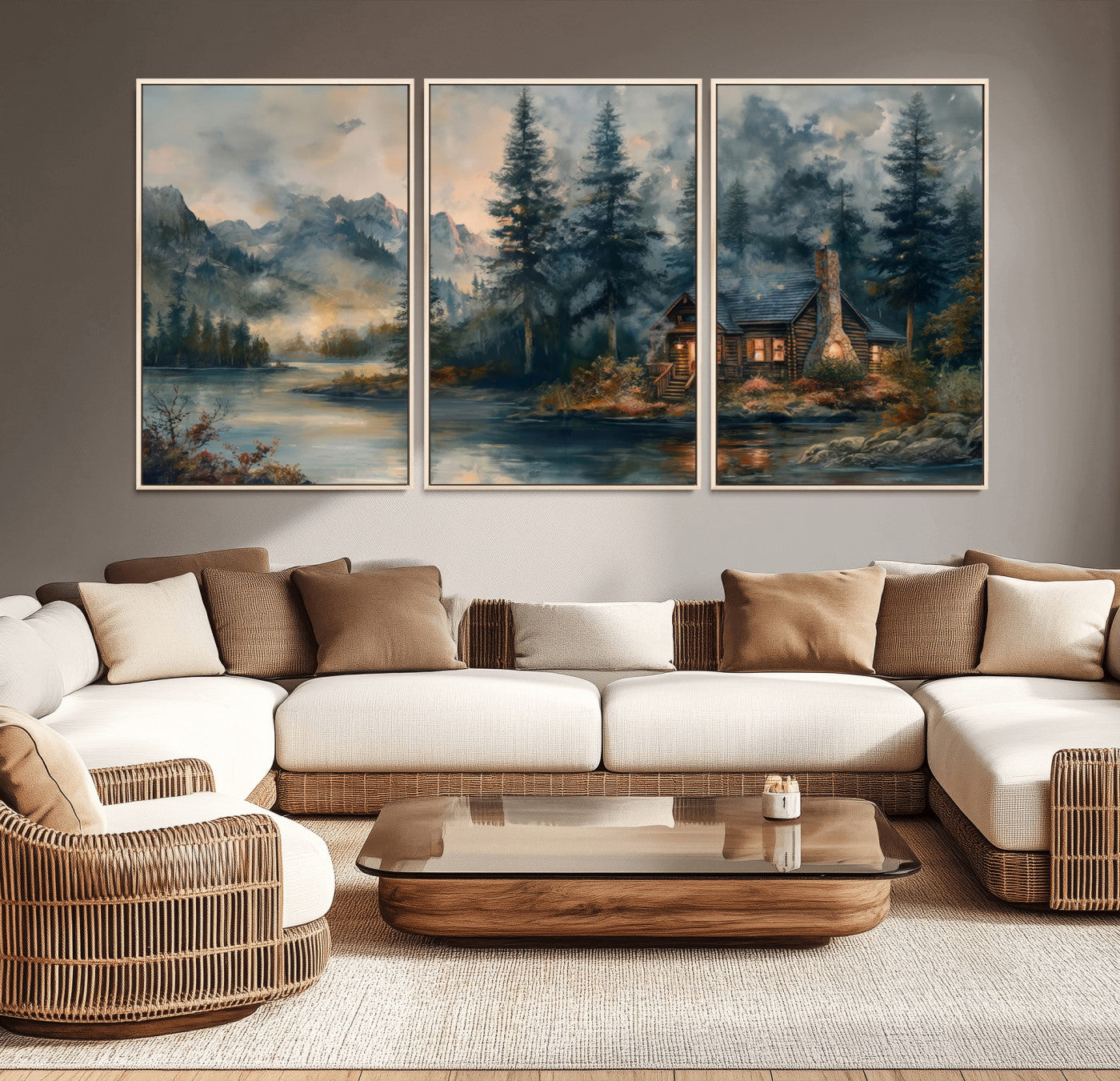 MGV-FC-60X30-3P - Rustic Cabin Woods Wall Art Print | Lake in a Forest Canvas Print | Cabin, Lodge, and Farmhouse