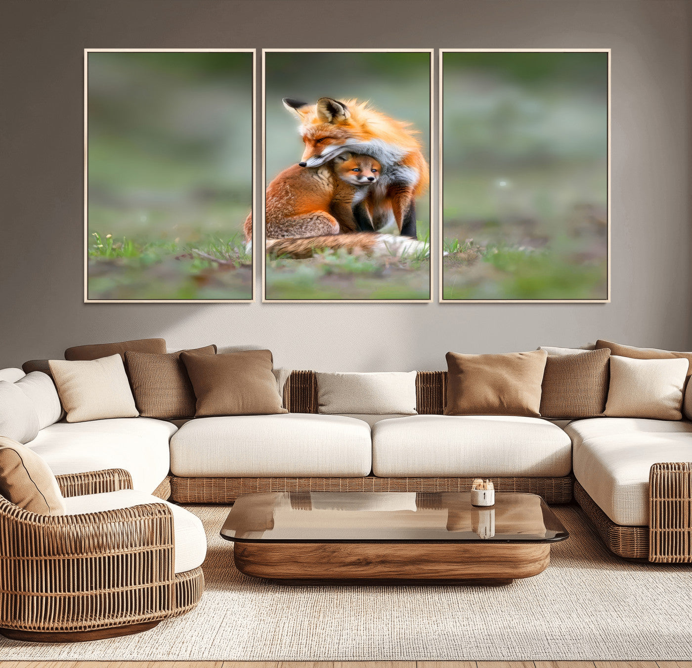 MGV-FC-60X30-3P - Heartwarming Fox and Baby Cub Wall Art | Ready to Hang Canvas Print of Foxes in Nature | Perfect for