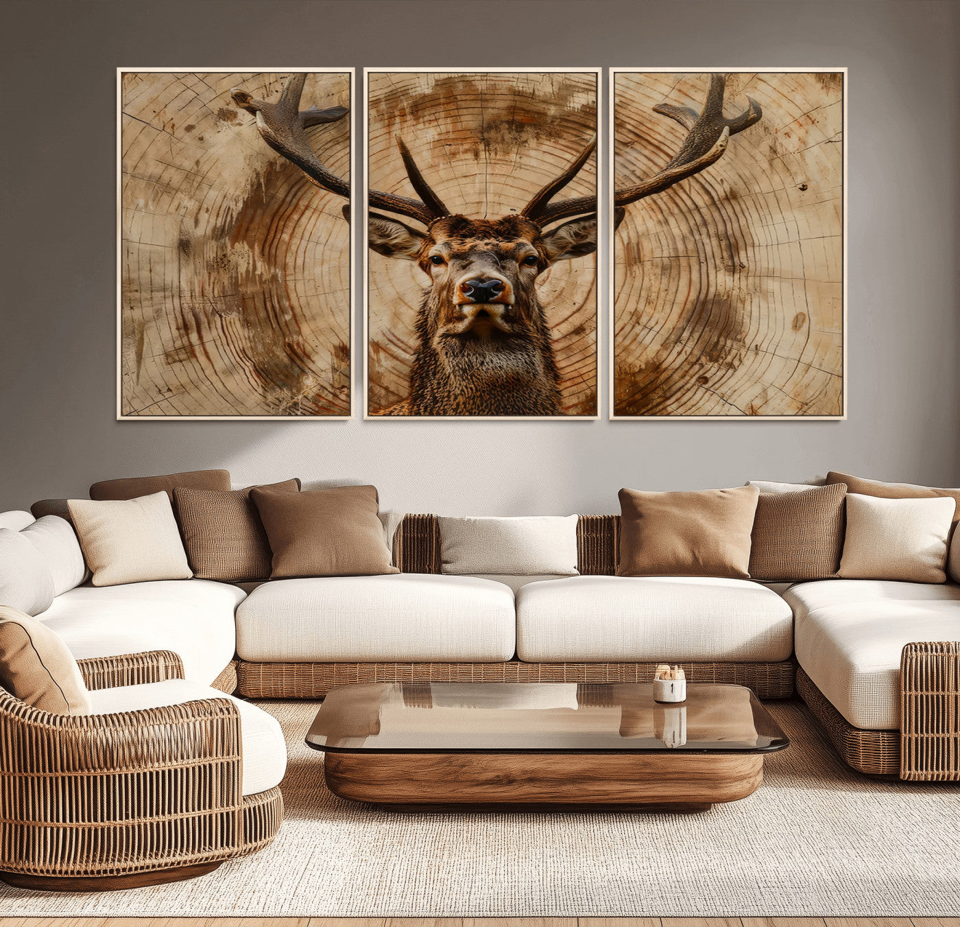 19375-MGV-CV-36X24-Wood Abstract Deer Wall Art | Rustic Wildlife Canvas Print | Ready to Hang Stag Head Triptych for
