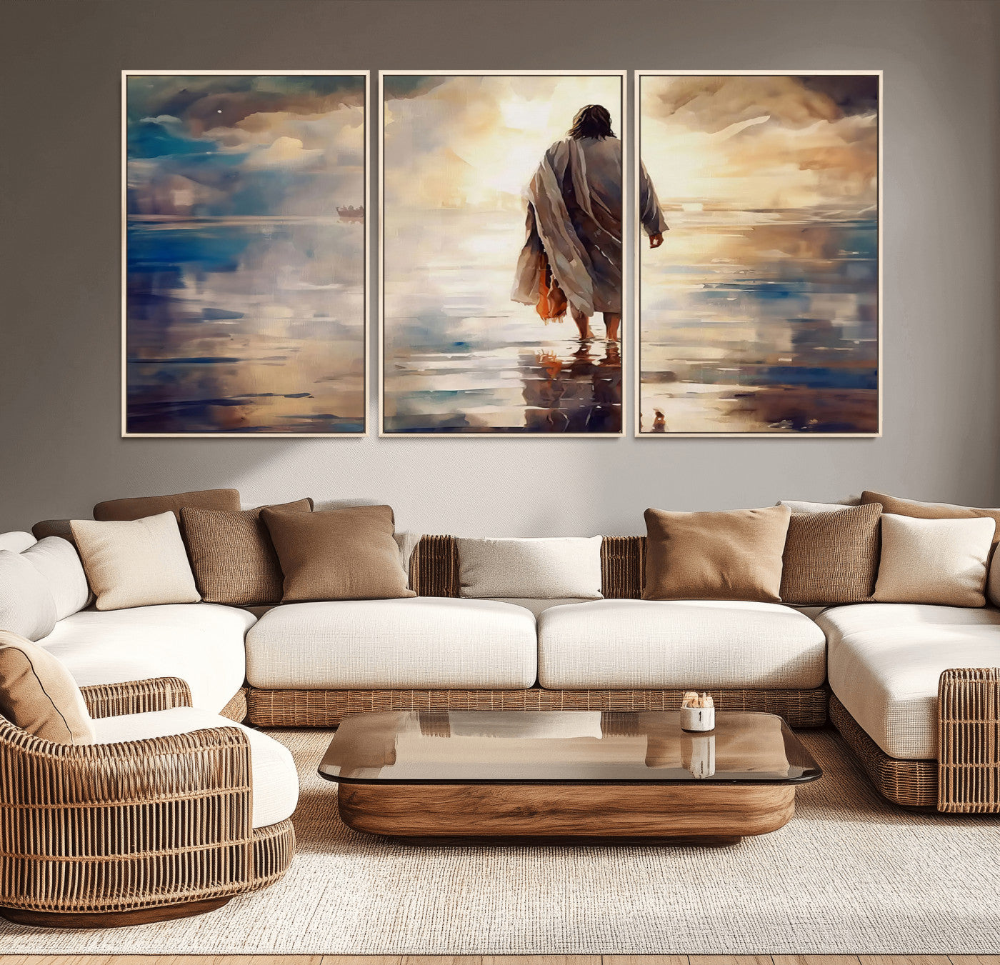 MGV-FC-60X30-3P - Jesus Walking on Water Wall Art | Ready to Hang Spiritual Triptych Canvas Print | Inspirational