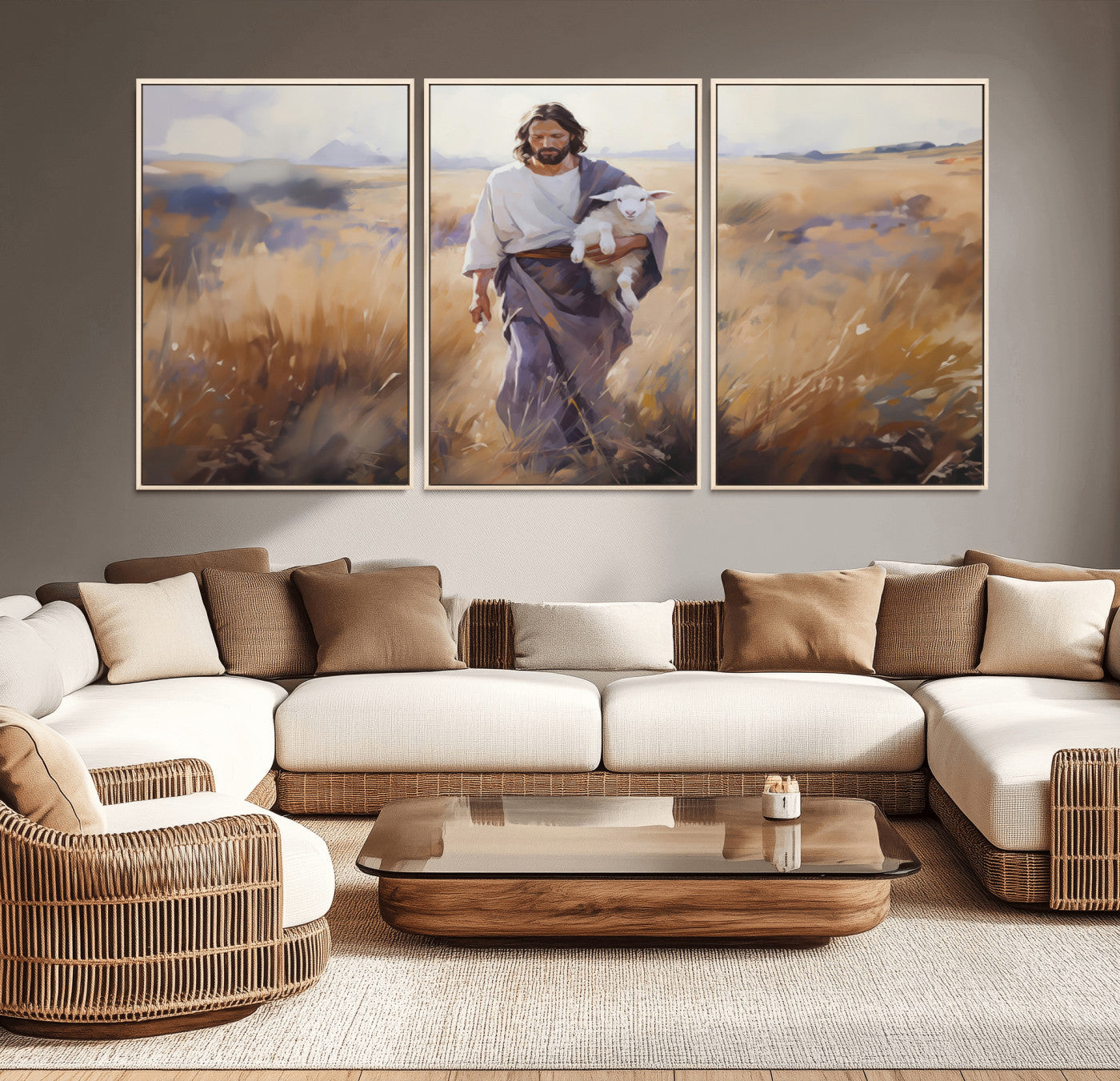 MGV-FC-60X30-3P - Jesus the Good Shepherd Wall Art Canvas Print - Lost Lamb Print for Prayer Room Decor