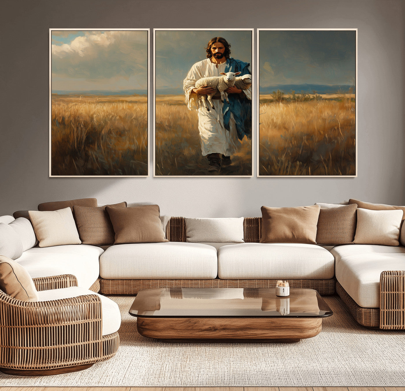 36769-MGV-CV-36X24-Jesus Shepherd Wall Art | Ready to Hang Triptych Canvas of Jesus Holding a Lamb in a Field |