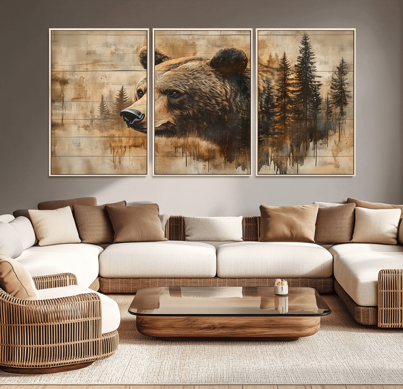 MGV-FC-60X30-3P - Rustic Grizzly Bear Wall Art, Abstract Grizzly 399 Bear Wall Art Canvas Print - Woodland Wildlife