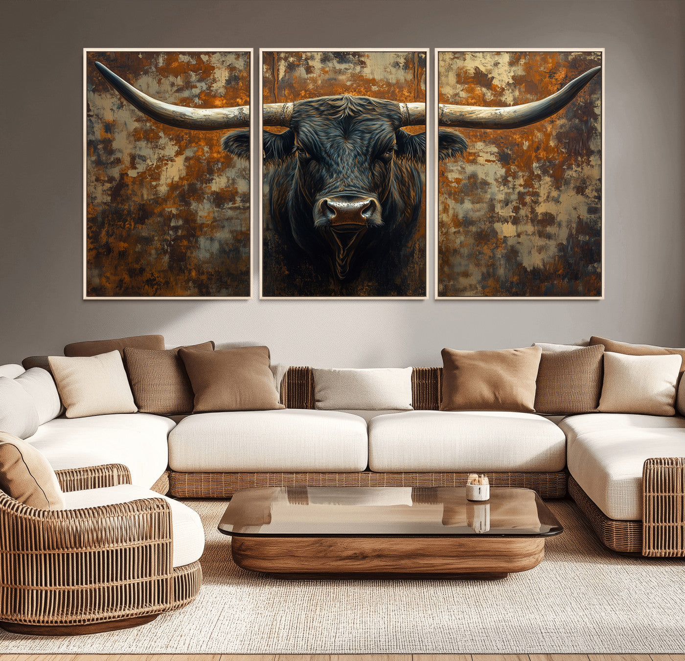 MGV-FC-60X30-3P - Longhorn Texas Cow Bull Wall Art | Rustic Farmhouse Canvas Print | Ready to Hang Barn Decor for