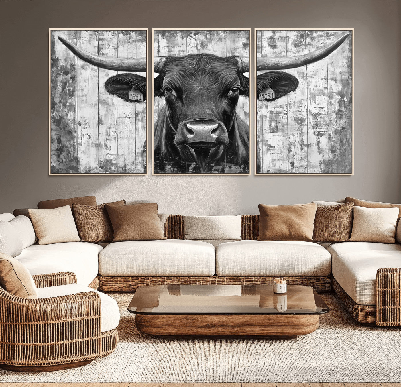 MGV-FC-60X30-3P - Abstract Longhorn Bull Wall Art Canvas Print - Rustic Texas Western Cow Artwork