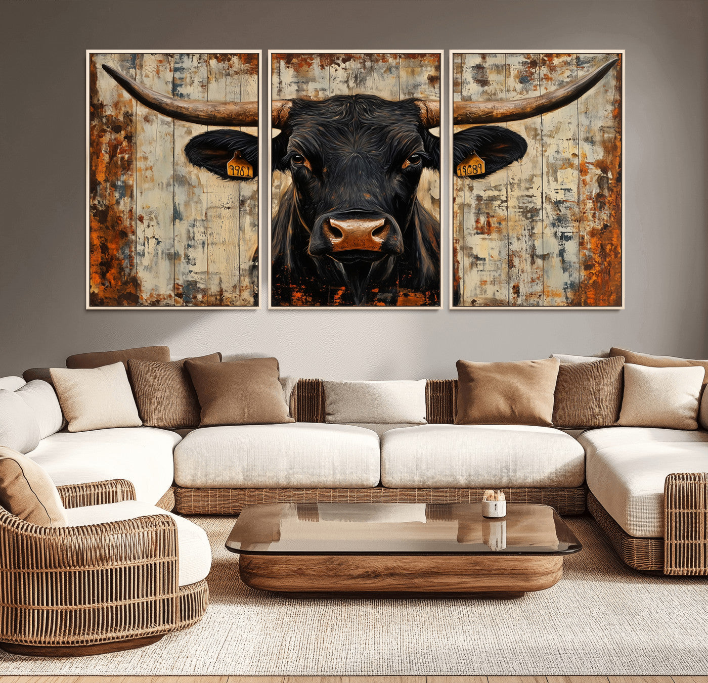 MGV-FC-60X30-3P - Rustic Texas Artwork Wall Art Canvas Print - Abstract Cow Longhorn Bull Wall Art Canvas Print