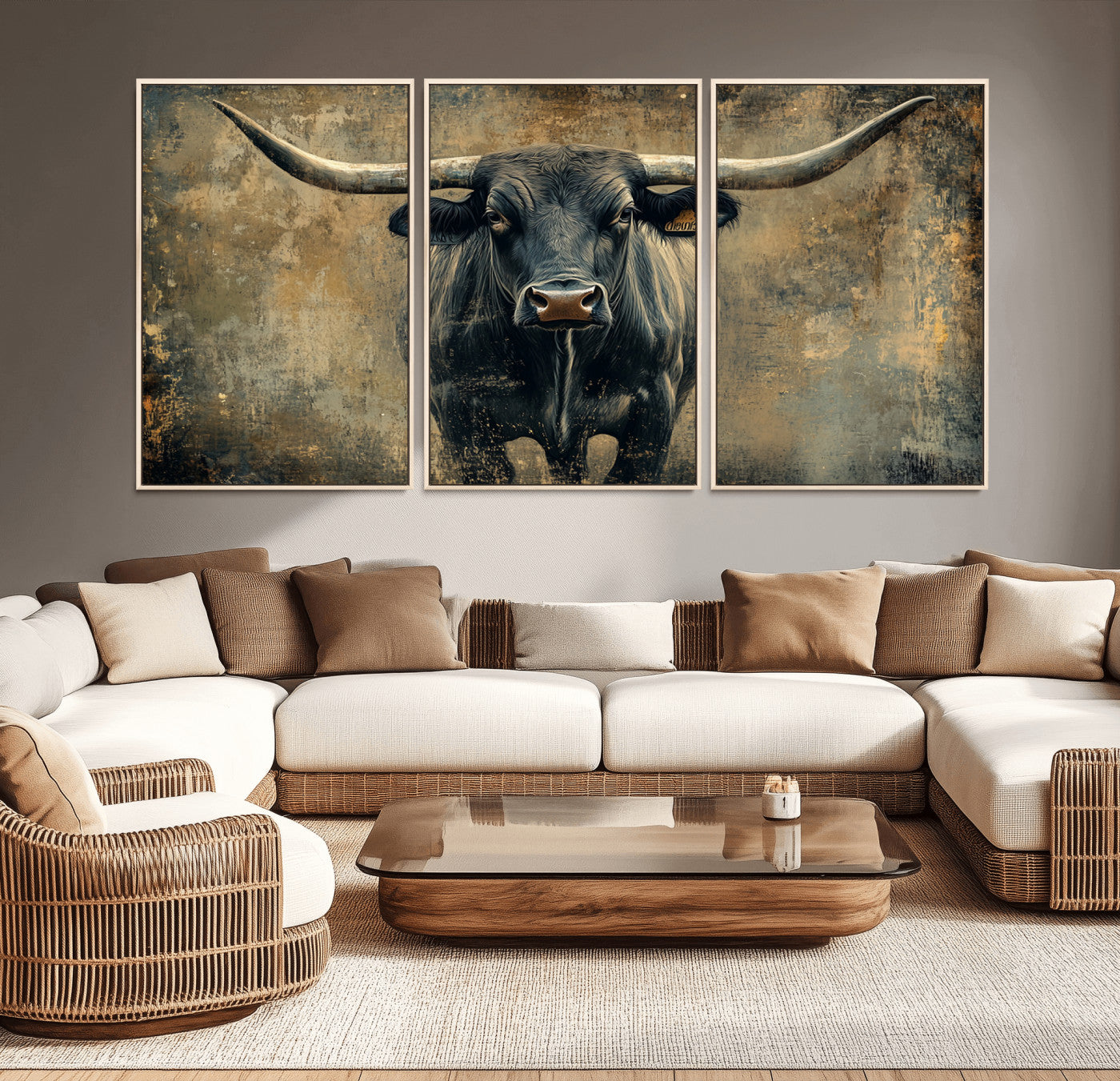 MGV-FC-60X30-3P - Longhorn Bull Wall Art Canvas Print, Framed Rustic Cow Art Picture Print, Texas Longhorn Perfect Western Decor Artwork