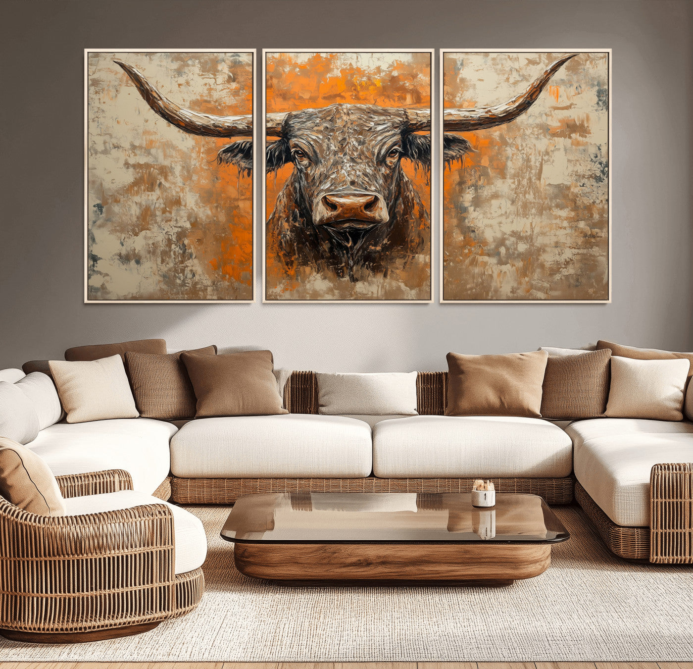 MGV-FC-60X30-3P - Abstract Cow Longhorn Bull Wall Art Canvas Print - Rustic Texas Western Cattle Artwork