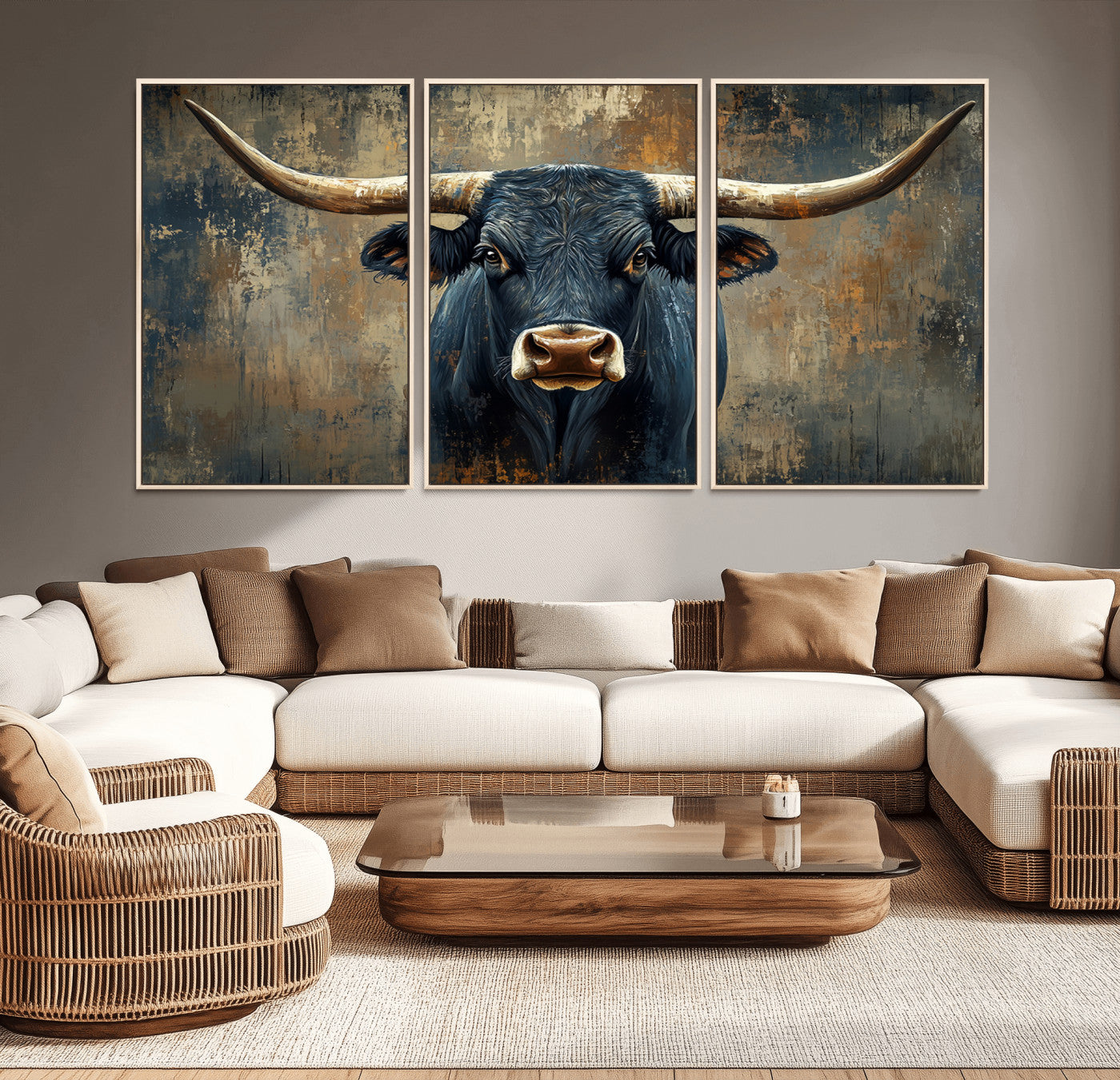 MGV-FC-60X30-3P - Texas Western Wall Art Canvas Print - Abstract Cow Longhorn Bull Wall Art Canvas Print - Rustic Cow