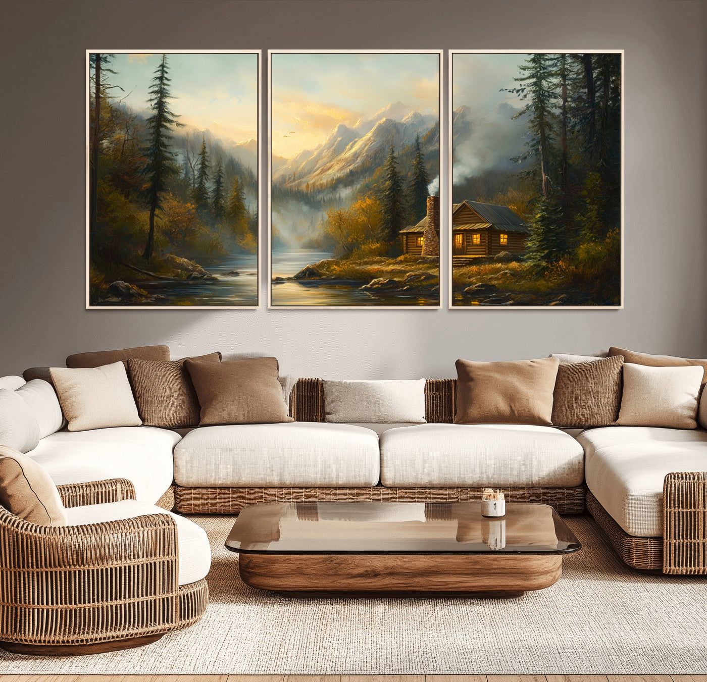MGV-FC-60X30-3P - Wood Cabin Retreat Mountain at Sunset Wall Art Print - Serene Forest and River Landscape Wall Art