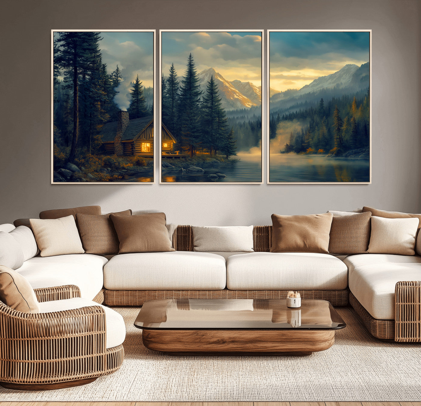 MGV-FC-60X30-3P - Mountain Cabin by the Lake at Sunset Wall Art - Serene Nature Canvas Print for Living Room Decor,