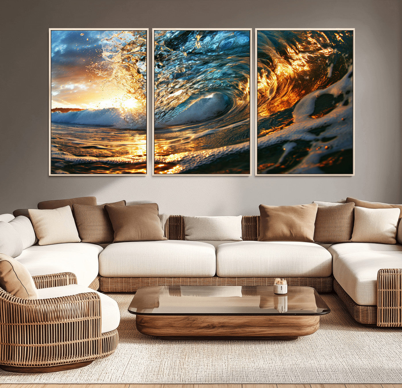 MGV-FC-60X30-3P - Ocean Wave at Sunset Canvas Wall Art – Vibrant Coastal Beach Waves Print, Large Nautical Decor,