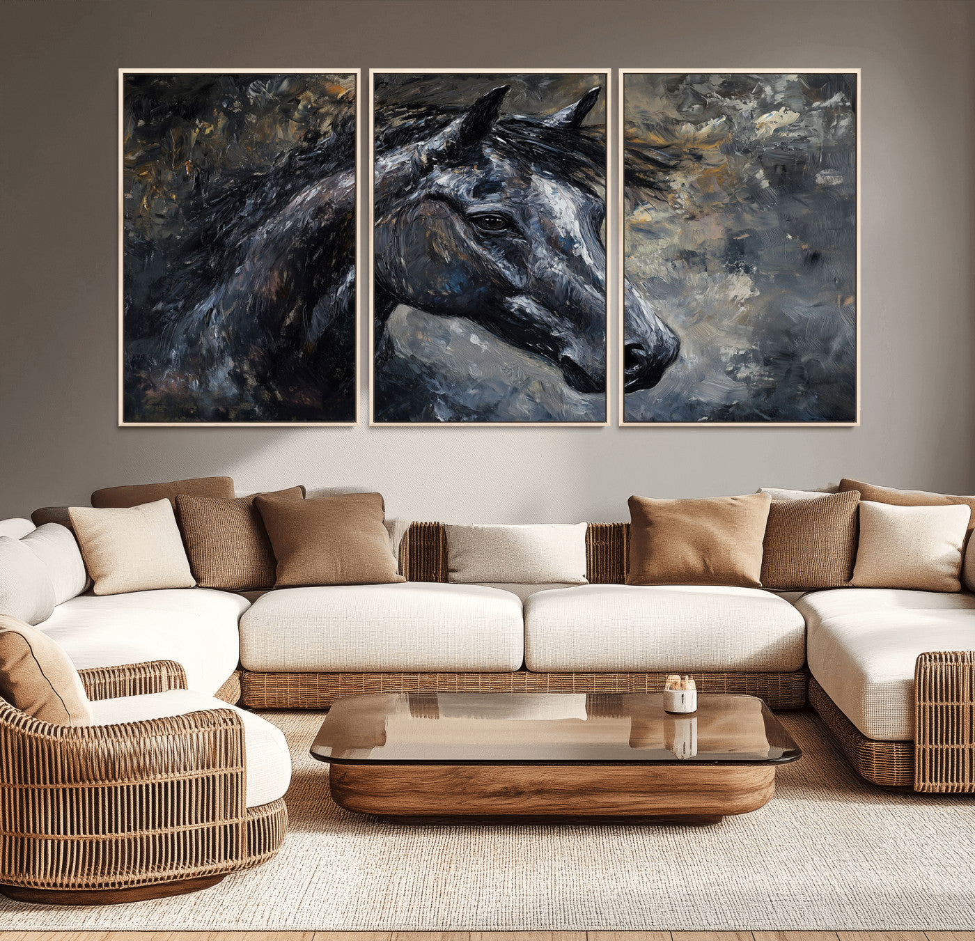 MGV-FC-60X30-3P - Large Abstract Horse Wall Art Canvas Print | Farmhouse Wall Decor | Rustic Horse Art | Western Cabin