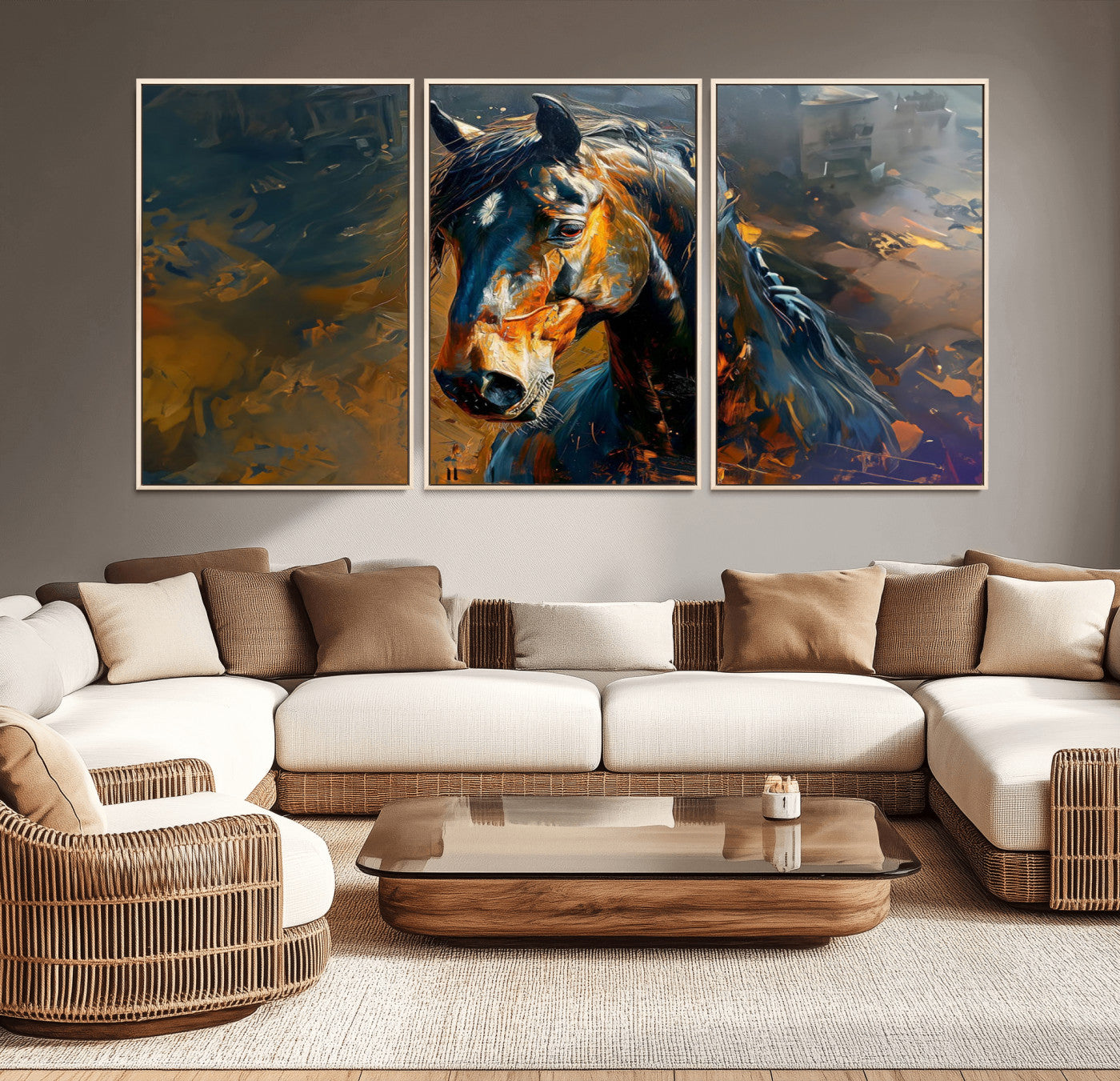 MGV-FC-60X30-3P - Abstract Horse Wall Art Canvas Print | Farmhouse Wall Decor | Western Cabin Art | Rustic Horse Decor