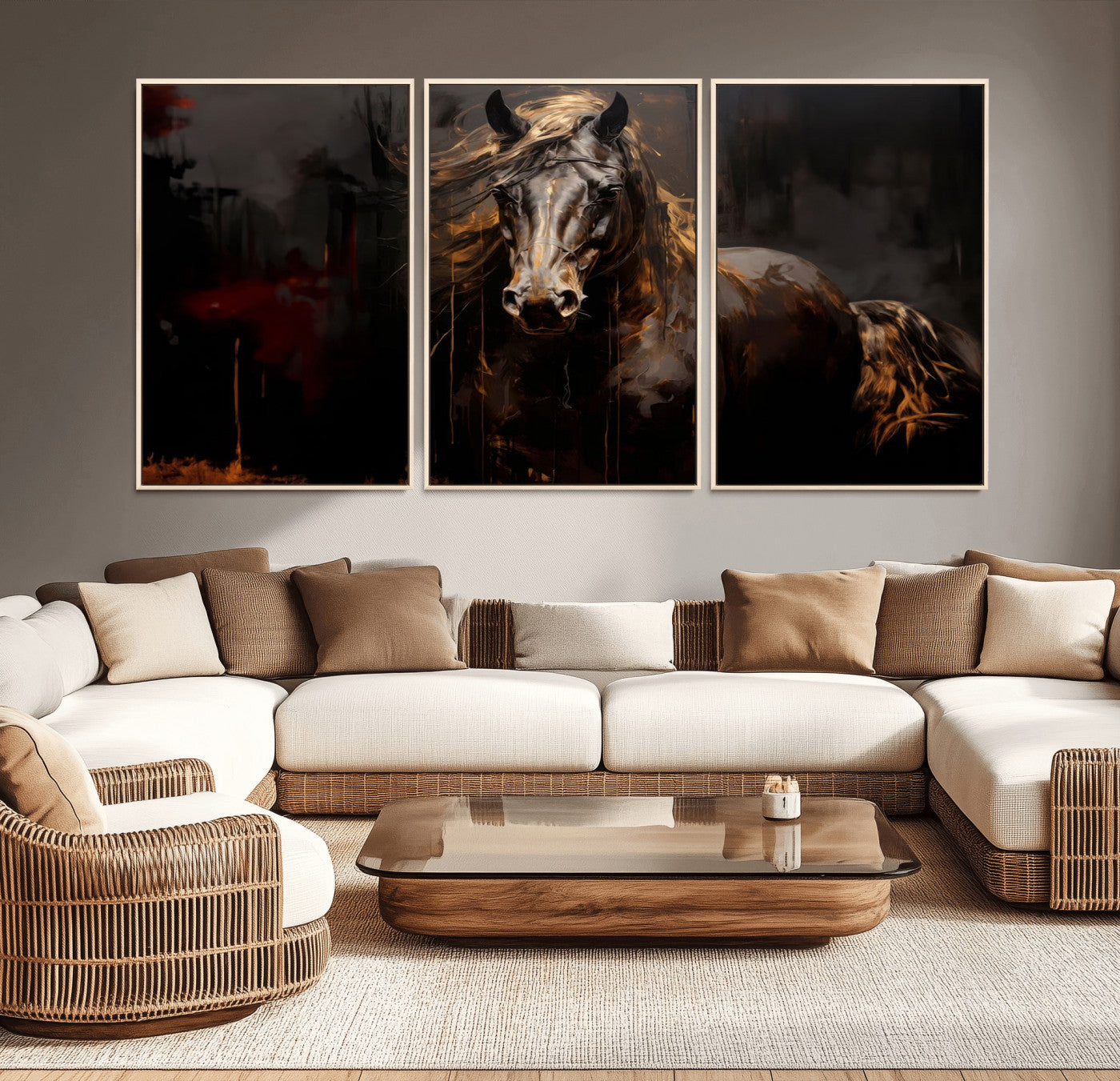 MGV-FC-60X30-3P - Abstract Black Horse Canvas Print for Farmhouse Wall Art | Abstract Equine Wall Art | Western Decor