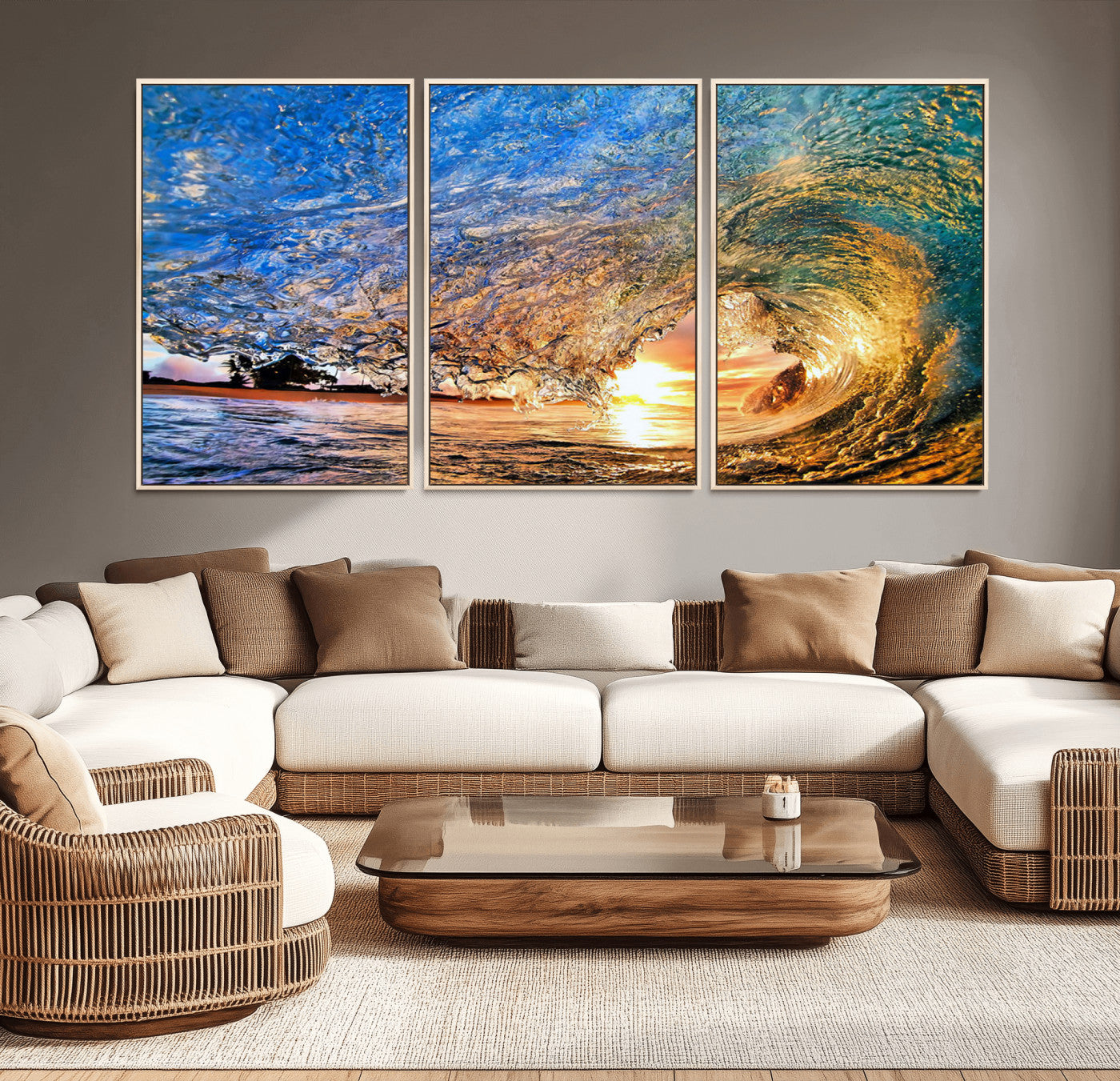 MGV-FC-60X30-3P - Ocean Wave at Sunset Canvas Wall Art – Vibrant Coastal Beach Waves Print, Large Nautical Decor,