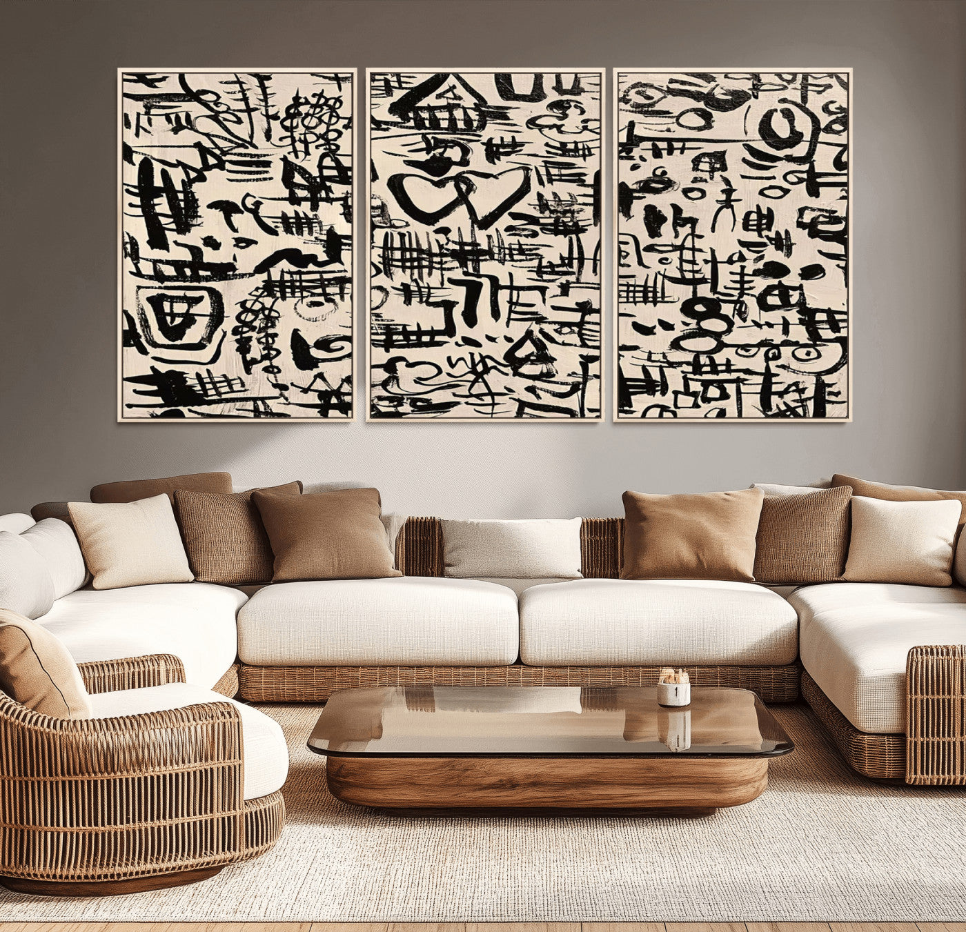 68273-MGV-FC-60X30-3P - Abstract Love and Chaos Canvas Print, Black Symbols on Beige
