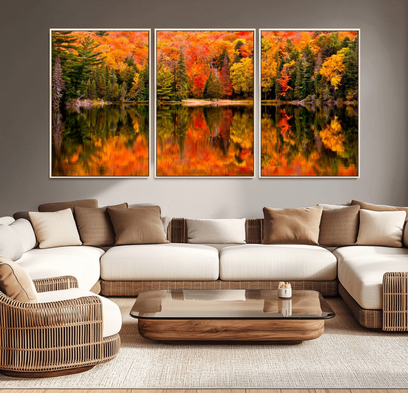 MGV-FC-60X30-3P - Forest Reflection Art | Autumn Forest Reflection Wall Art | Triptych Canvas Print | Vibrant Fall