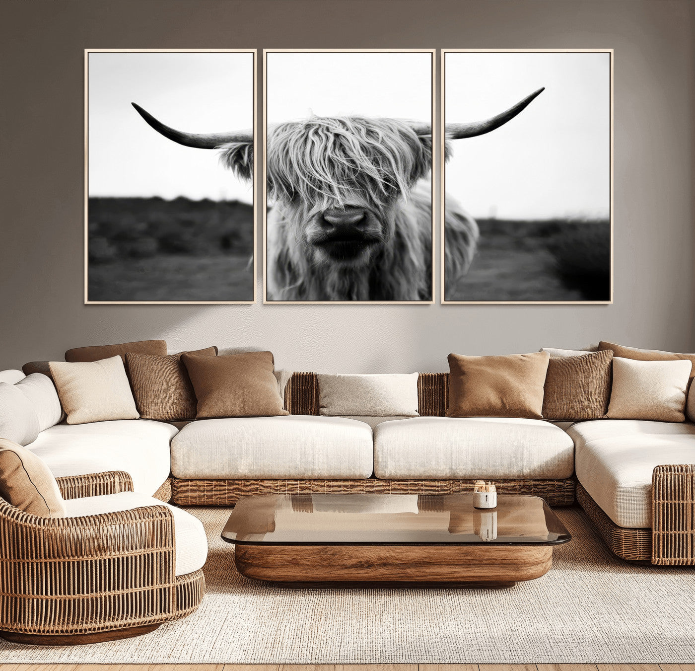 44157-MGV-CV-36X24-Highland Cow Wall Art | Black and White Farmhouse Decor | Triptych Canvas Print | Rustic Barn Decor