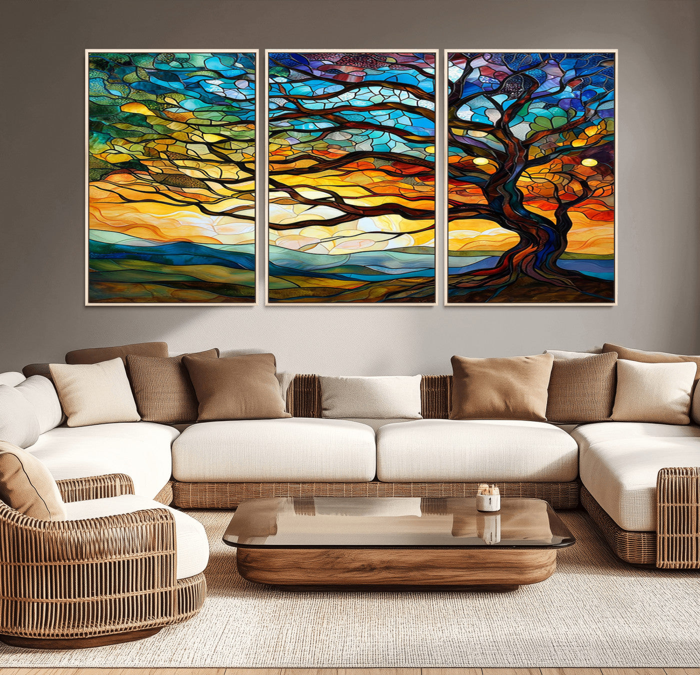 MGV-FC-60X30-3P - Vibrant Mosaic Tree of Life Wall Art | Stained Glass Style Canvas Print | Ready to Hang Artistic