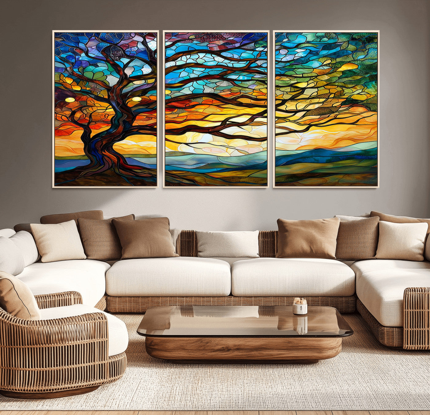MGV-FC-60X30-3P - Mosaic Tree Wall Art | Ready to Hang Stained Glass Style Canvas Print | Farmhouse Wall Decor, Cabin