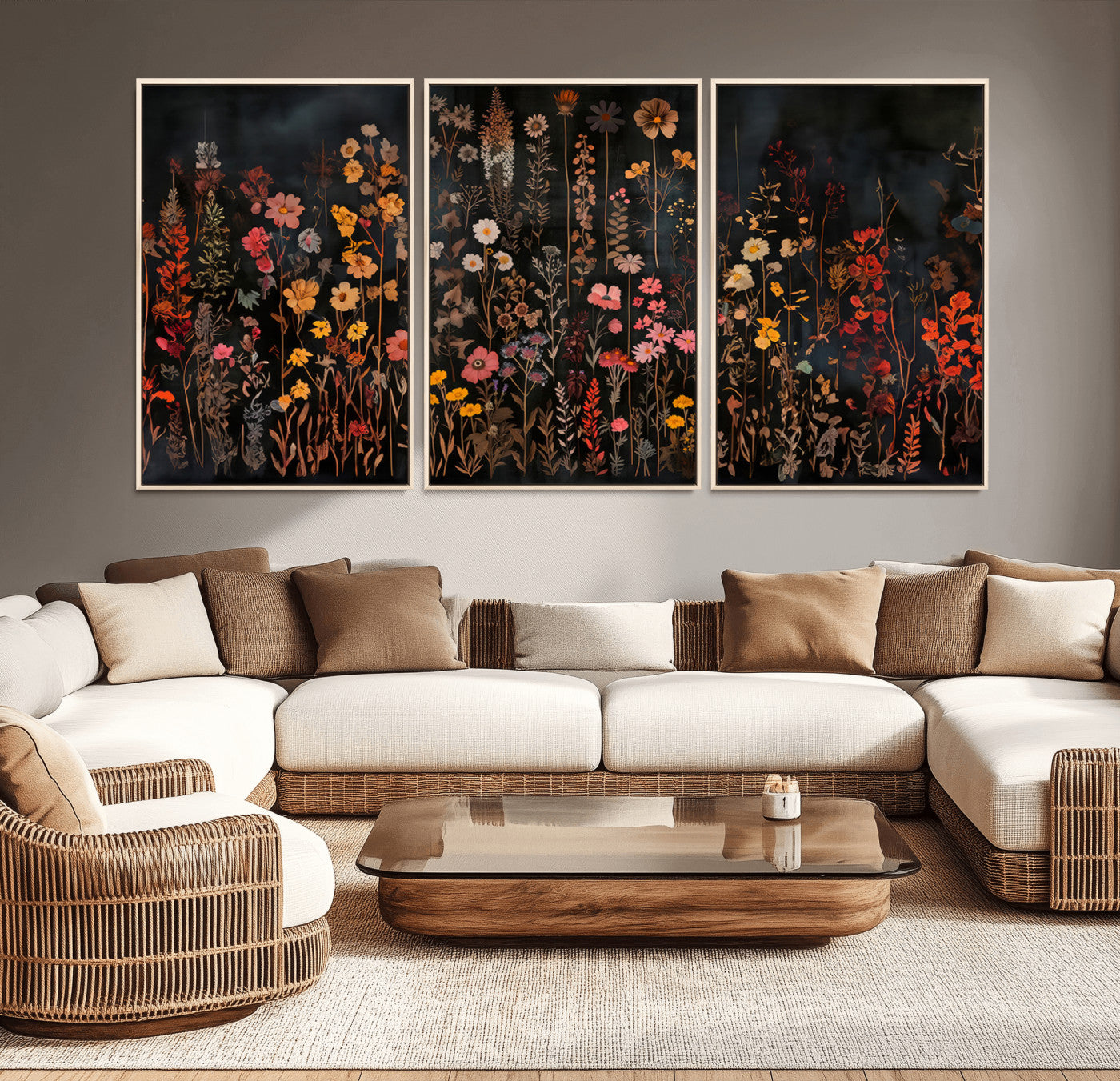 MGV-FC-60X30-3P - Large Floral Painting Print Illustration Flowers Canvas Wall Art Botanical Wall Decor Modern
