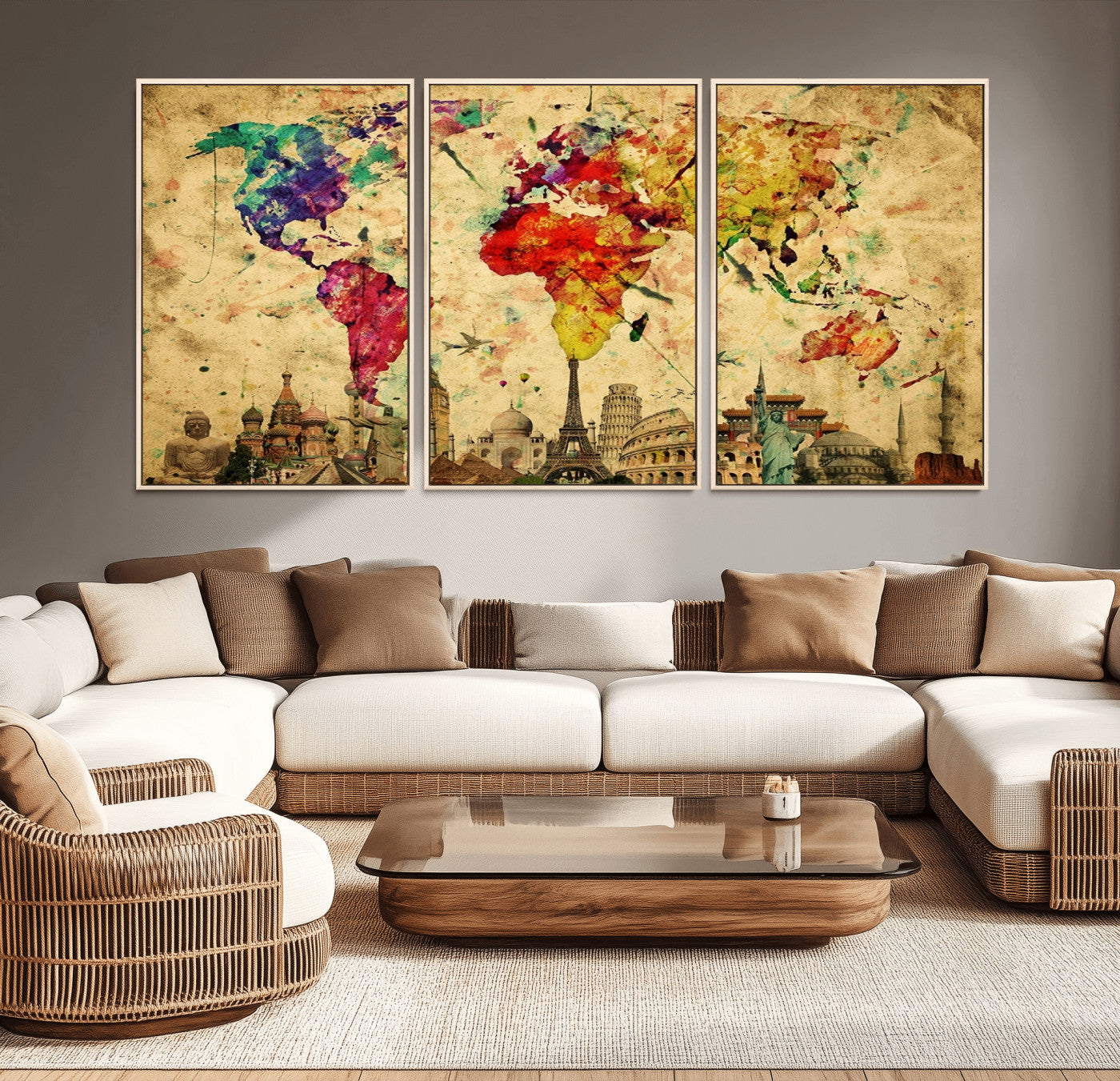 24467-MGV-CV-36X24-Colorful Watercolor World Map Canvas Wall Art – Framed Landmark Travel Map Print, Vibrant Global Artwork for Home and Office Decor