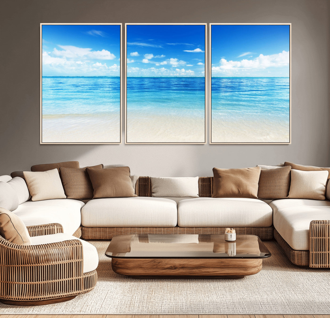 MGV-FC-60X30-3P - Beach Scene Canvas Wall Art Print – Tranquil Ocean Horizon and White Sand Beach Wall Decor for Home