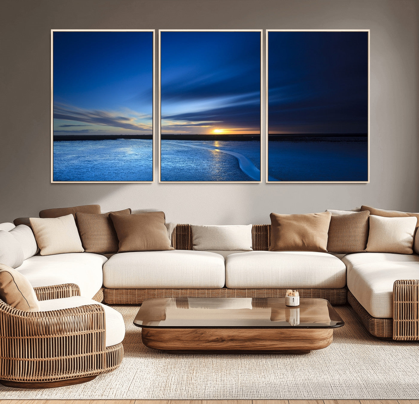 MGV-FC-60X30-3P - Blue Sunset Ocean Canvas Wall Art Print – Serene Coastal Horizon Wall Decor for Home or Office –