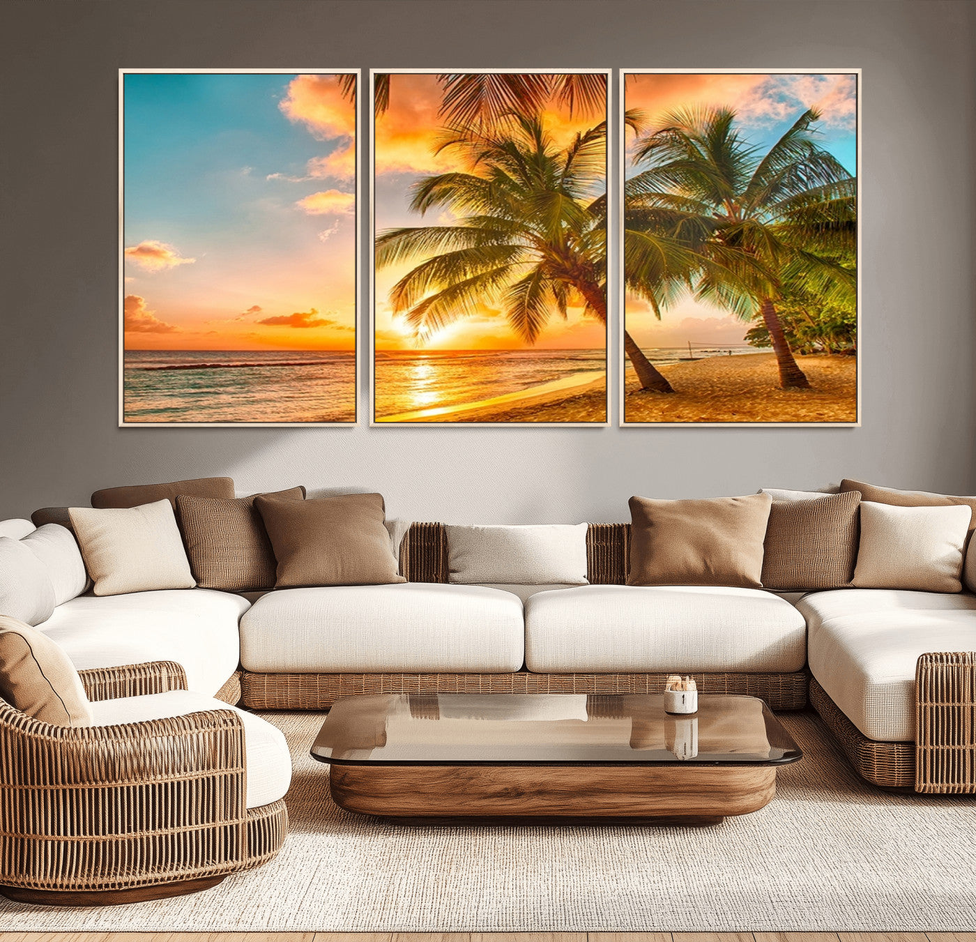 -Tropical Sunset Beach Canvas Wall Art Print – Vibrant Palm Trees and Coastal Sunset Wall Decor for
