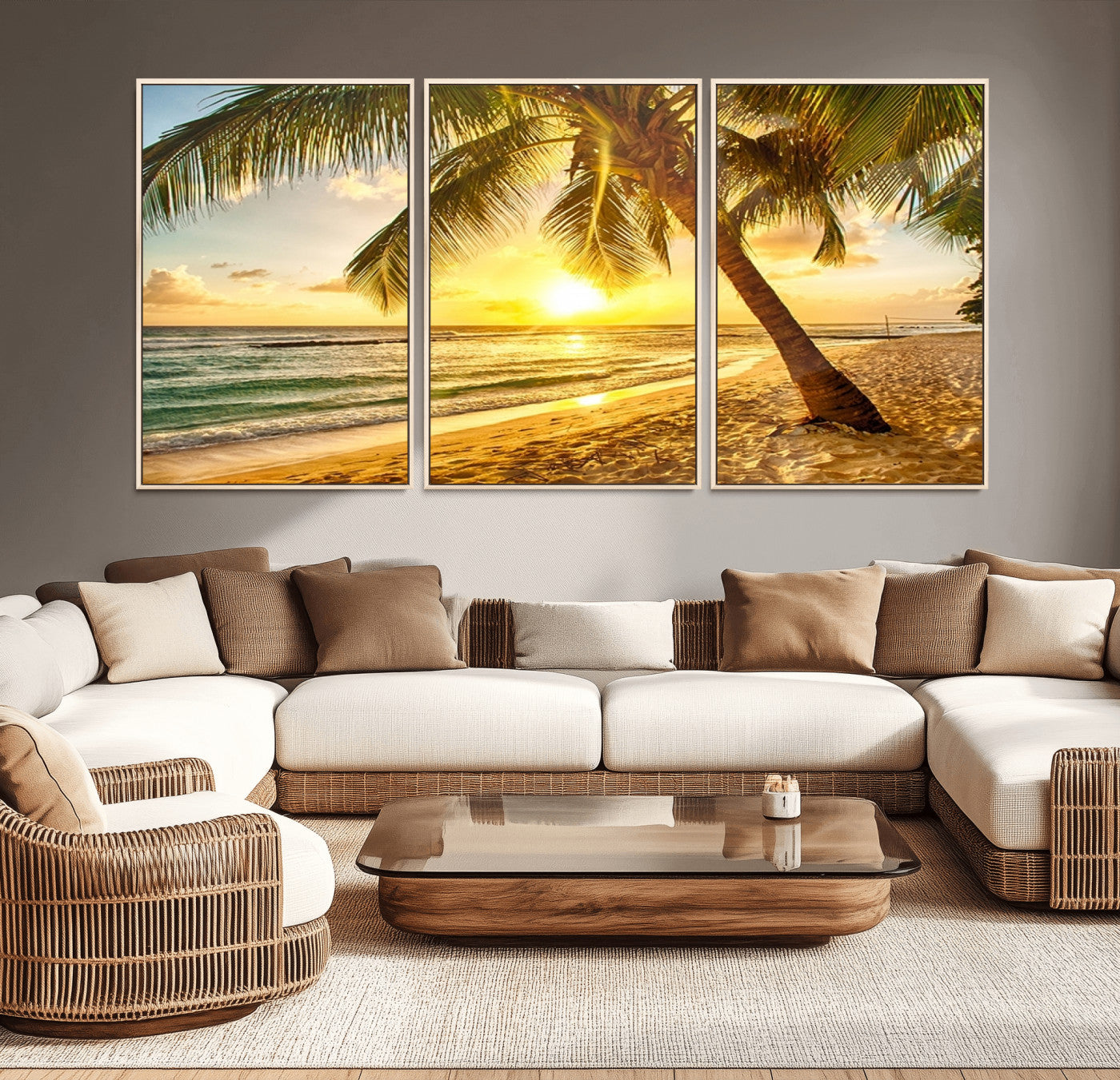 MGV-FC-60X30-3P - Beach Sunset Canvas Wall Art Print - Tropical Beach Canvas Wall Art Print – Vibrant Palm Trees and