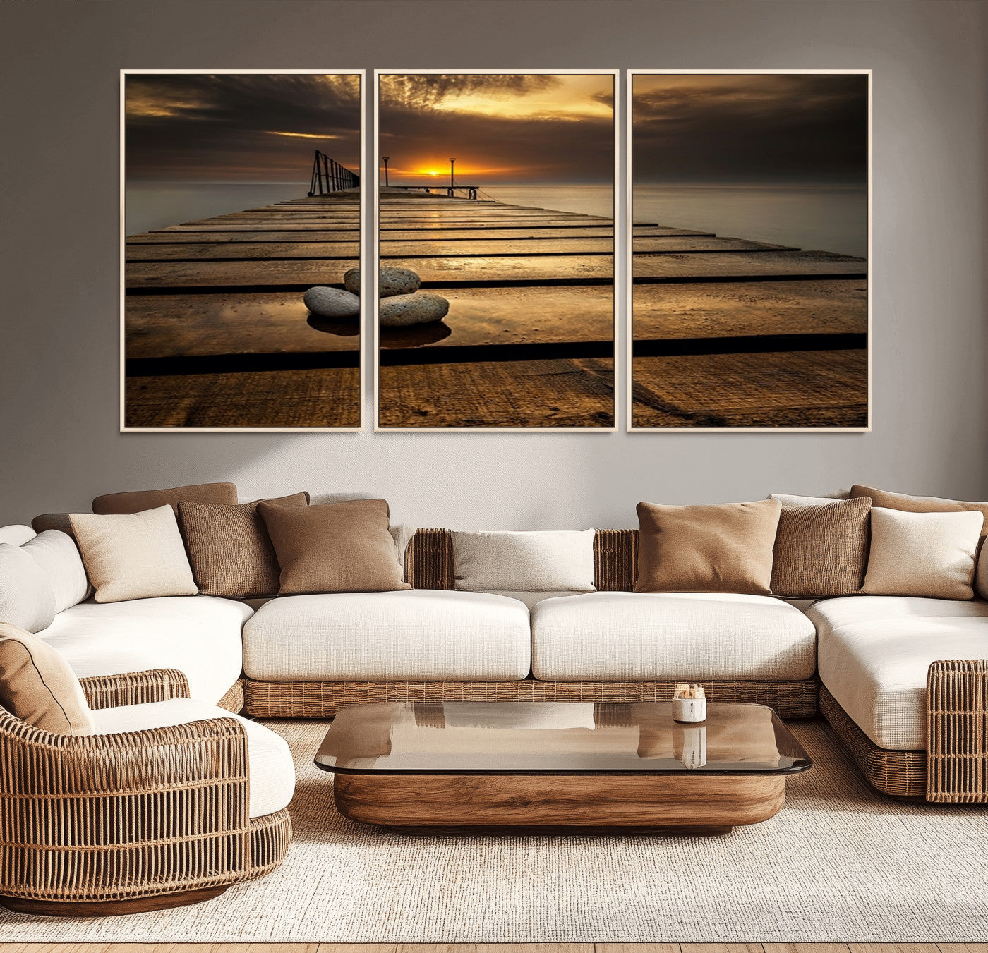 MGV-FC-60X30-3P - Stones on Wooden Pier at Sunset Canvas Print, Serene Coastal Wall Art, Beach Sunset Photography,