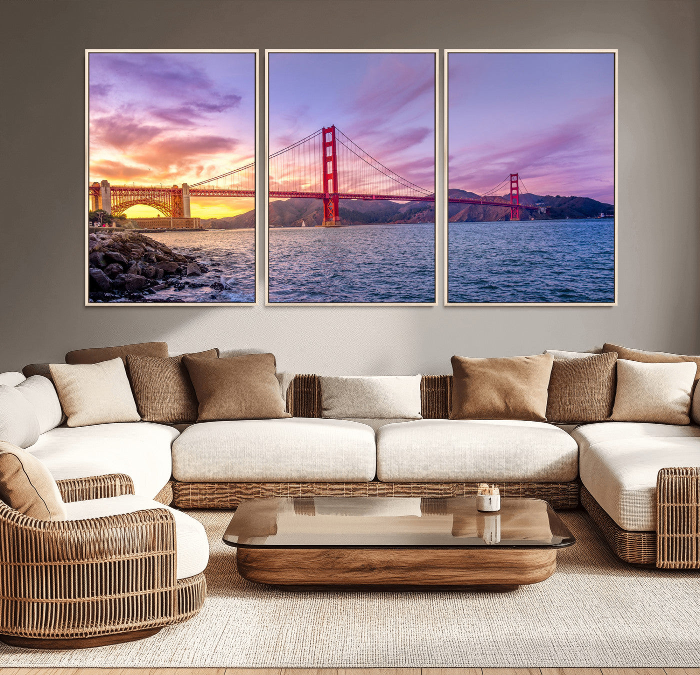 MGV-FC-60X30-3P - Golden Gate Bridge Wall Art Print, San Francisco Sunset Canvas Wall Art, Cityscape Canvas Print for