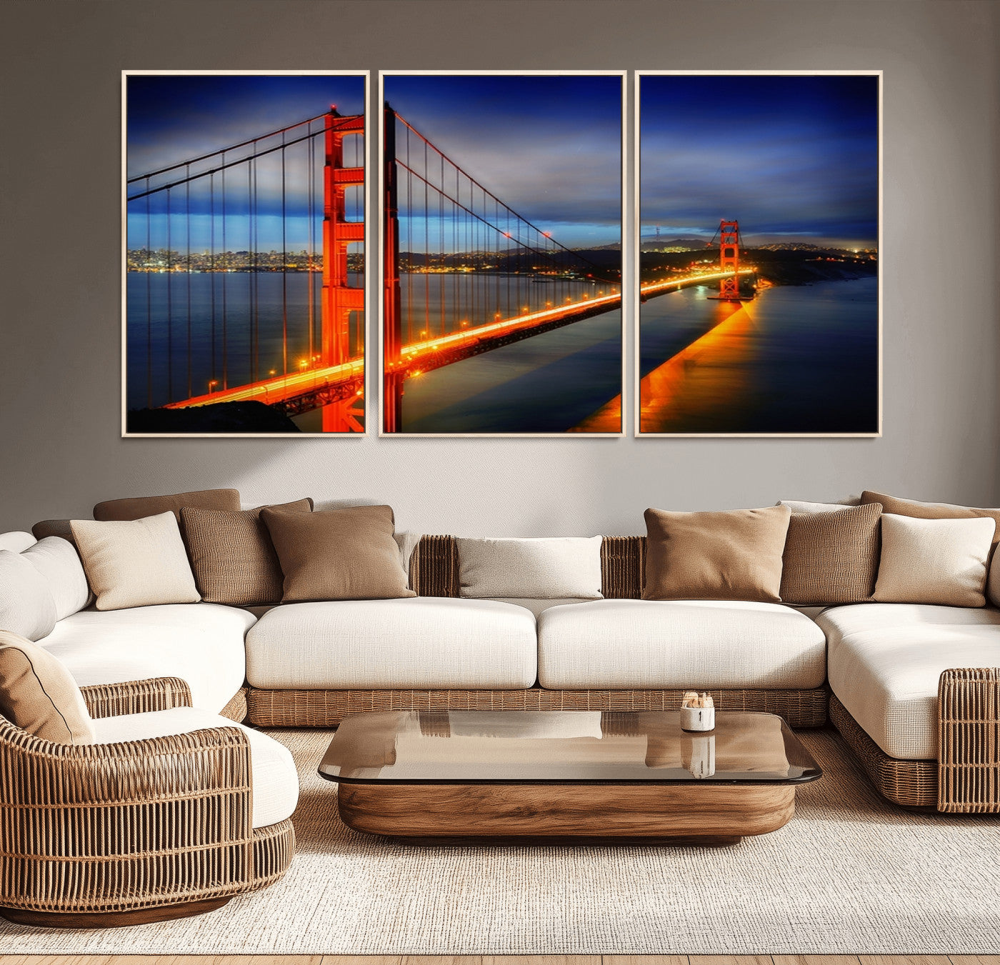 MGV-FC-60X30-3P - Large Wall Art San Francisco Canvas Print - Wonderful Golden Gate Bridge at Twilight