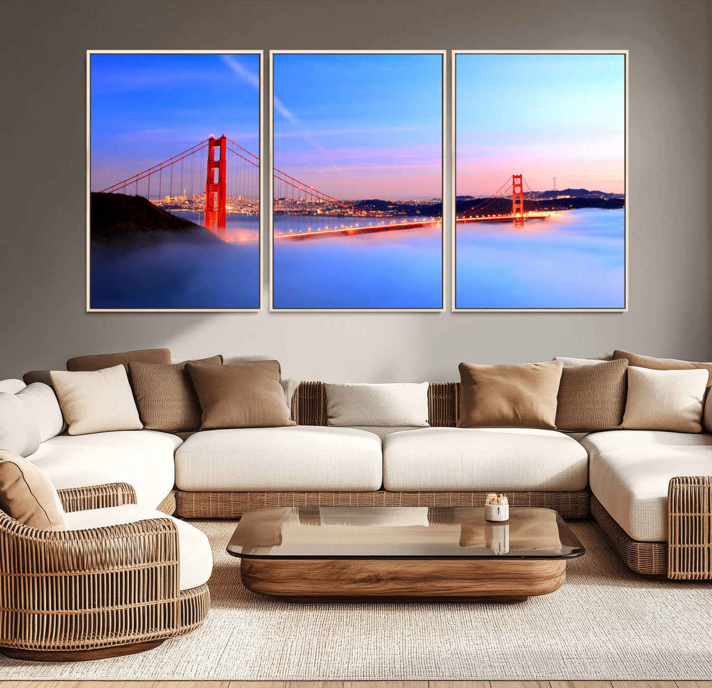 MGV-FC-60X30-3P - Golden Gate Bridge Wall Art Print, San Francisco Sunset Canvas Wall Art, Cityscape Canvas Print for