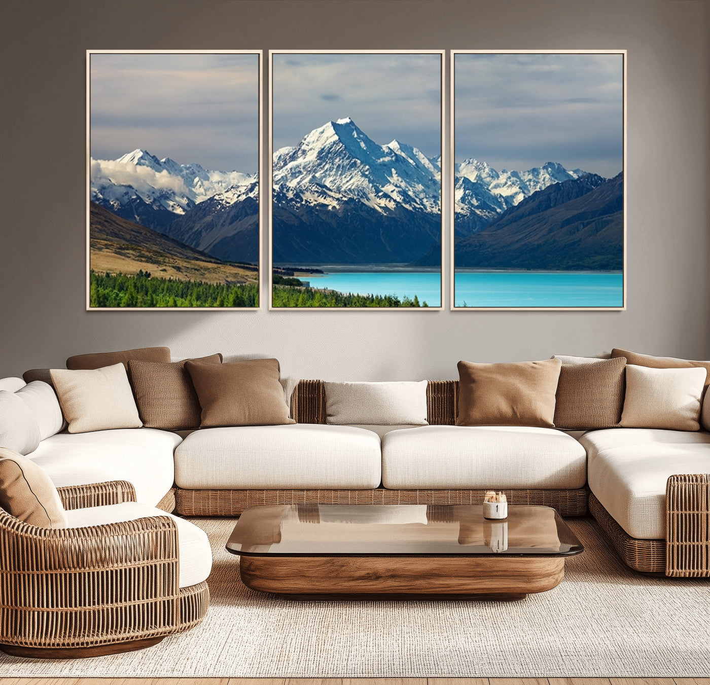 MGV-FC-60X30-3P - Mount Cook and Lake Pukaki Canvas Wall Art Print – Majestic Snow-Capped Peaks and Serene Lake Wall