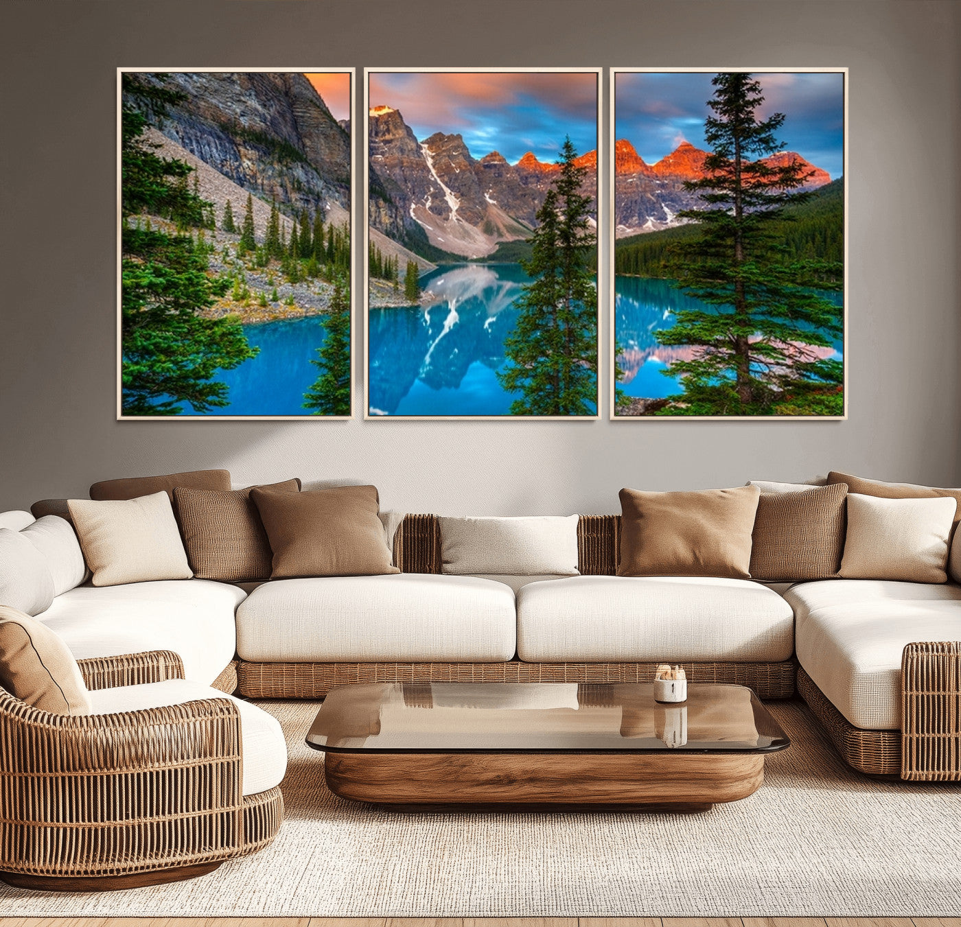 MGV-FC-60X30-3P - Canadian Rockies Moraine Lake Wall Art Canvas Print, Pine Trees Mountain Spring Canvas Print
