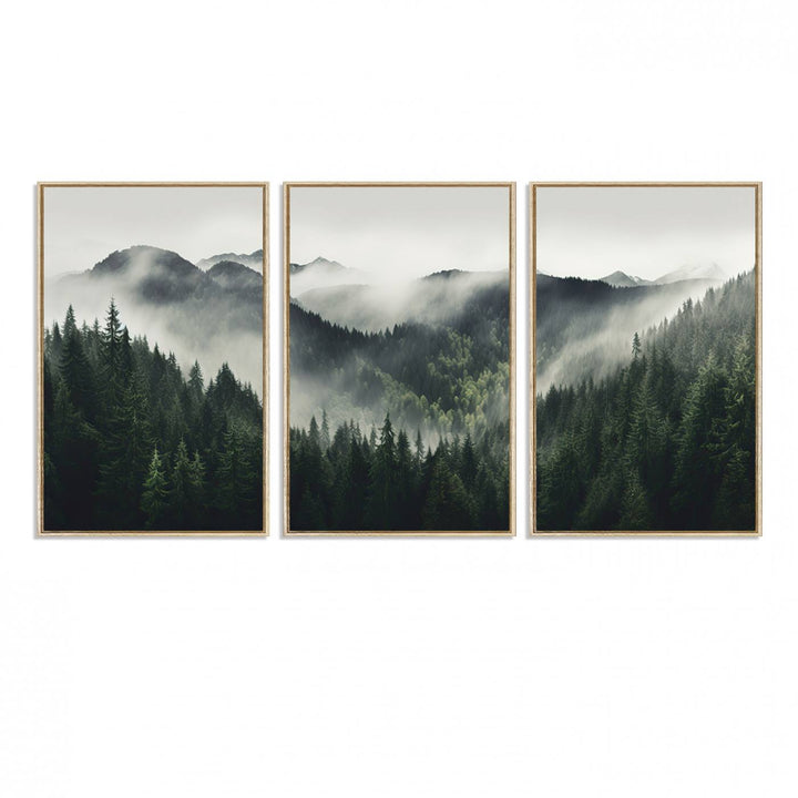 The Misty Forest Canvas Print Wall Art captures a serene misty forest scene with fog and mountains.