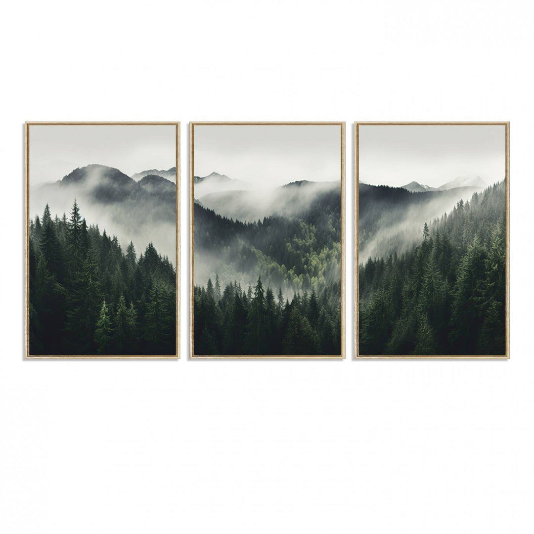 Serene and mystical landscape of misty mountains and dense evergreens, ideal for a Misty Mountain Forest Canvas Wall Art Print.