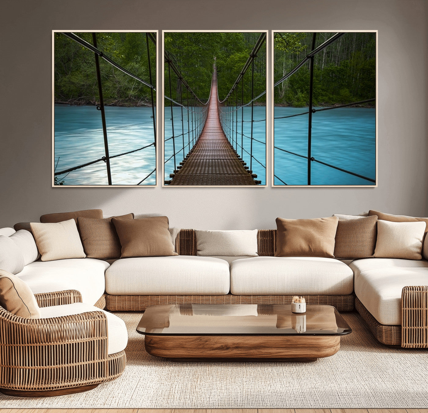 70229-MGV-CV-36X24-Suspension Bridge Over River Canvas Art | 3-Panel Nature Photography | Scenic Wall Art for Living