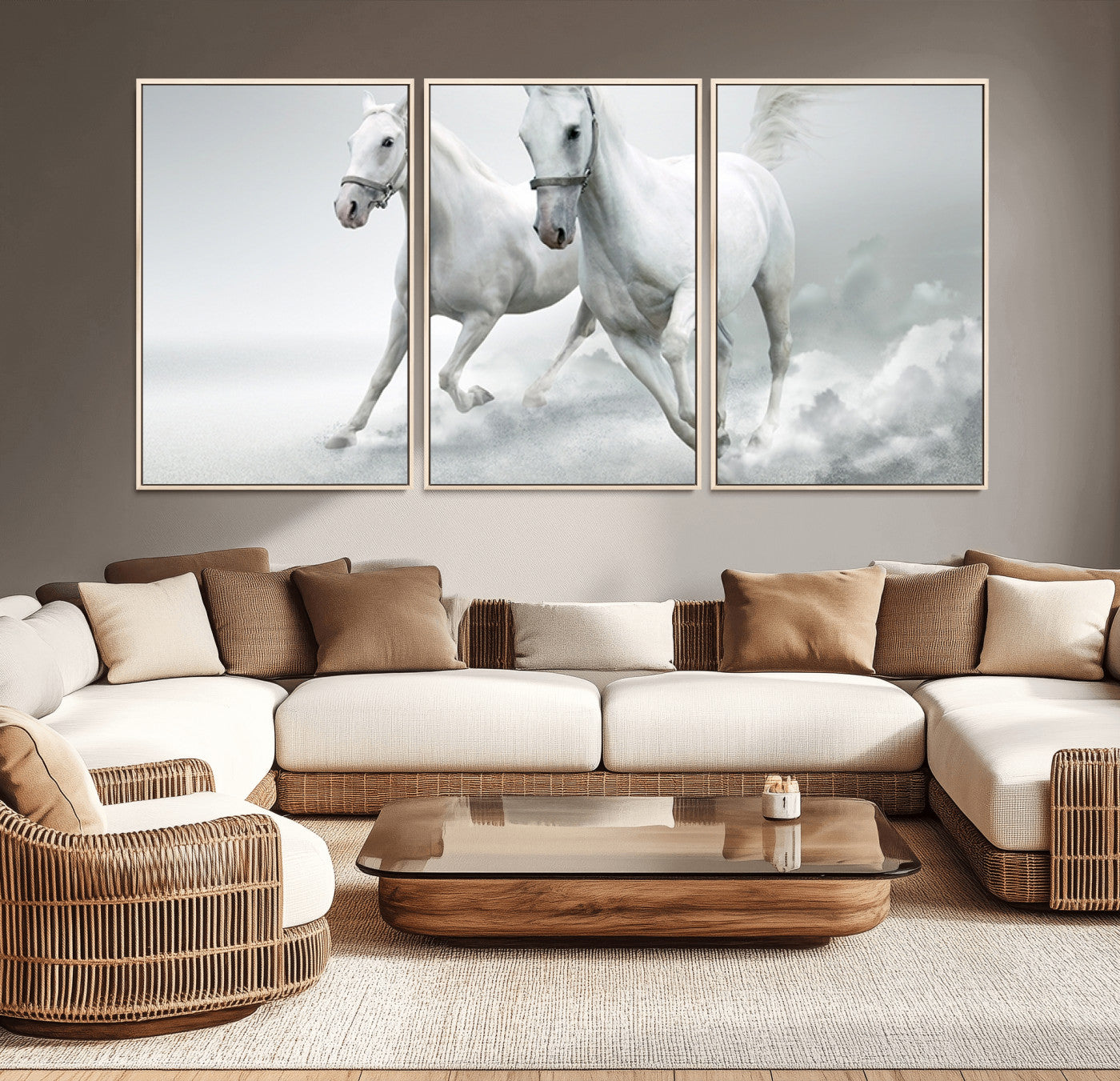 MGV-FC-60X30-3P - Large Wall Art Animal Canvas Print - Beautiful Running White Horses
