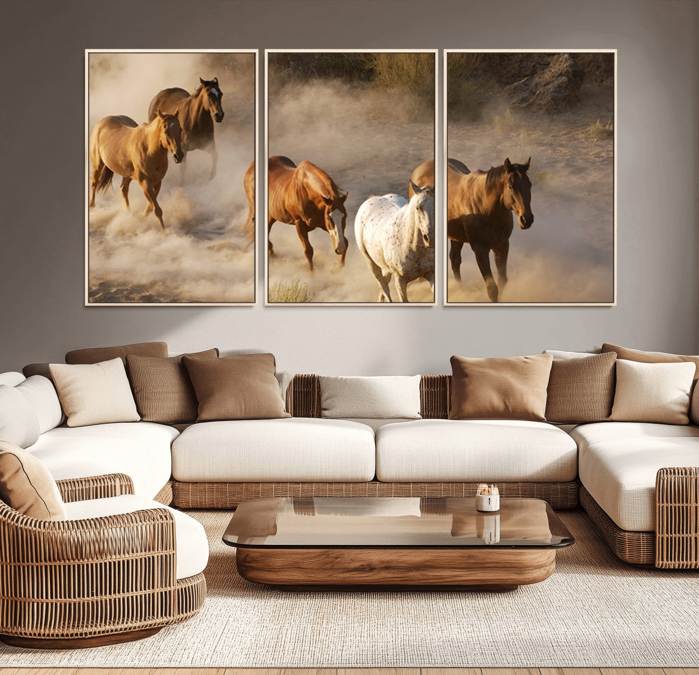 MGV-FC-60X30-3P - Large Wall Art 5 Horses Running on Sand Canvas Print