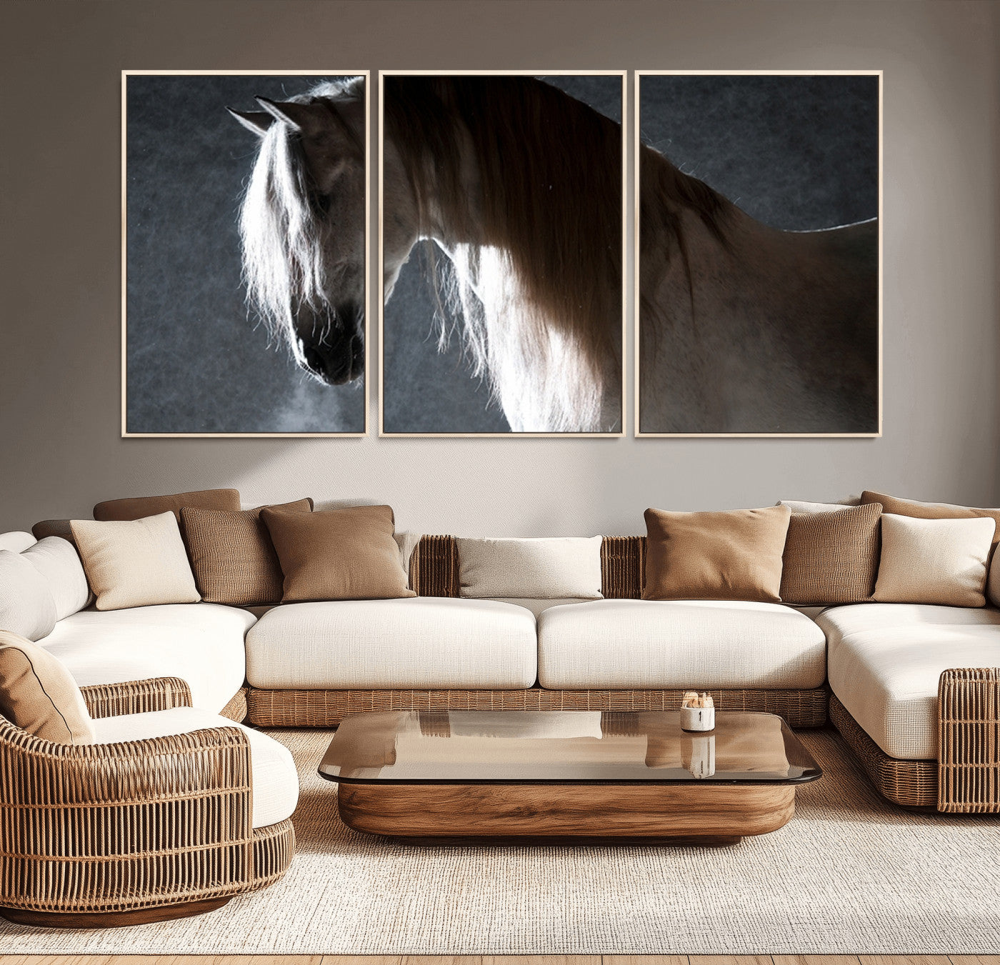 MGV-FC-60X30-3P - Large Wall Art Cream Colored Horse on Grey Background Canvas Print