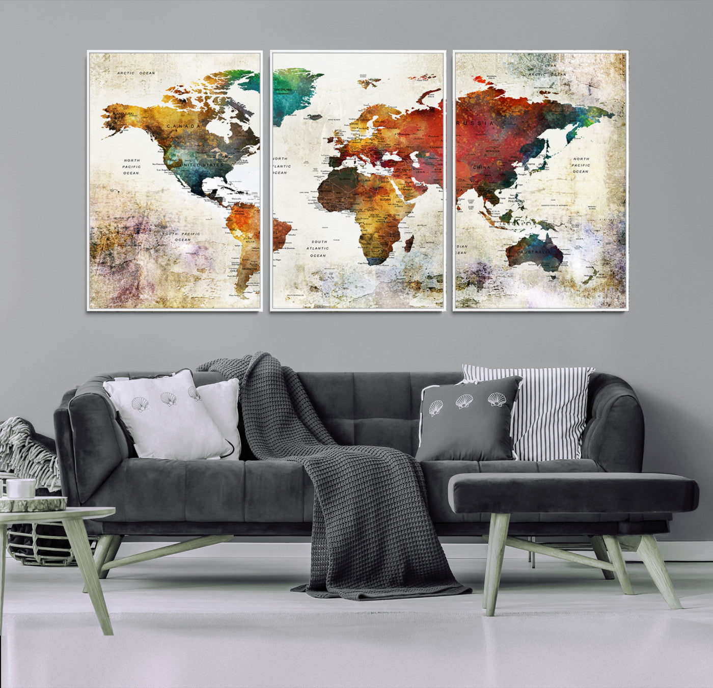 92207-MGV-CV-36X24-Watercolor World Map Canvas Print – Framed Push Pin Wall Art for Couples, Artistic Travel Map for Modern Home and Office Decor