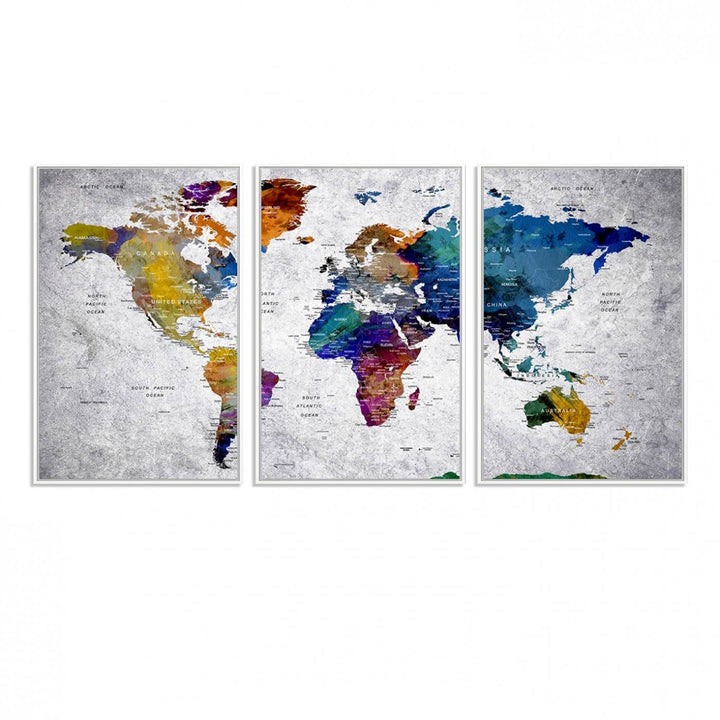 The World Map Art Canvas Print, featuring country names on a grunge-stained gray background, is perfect for stylish home decor.